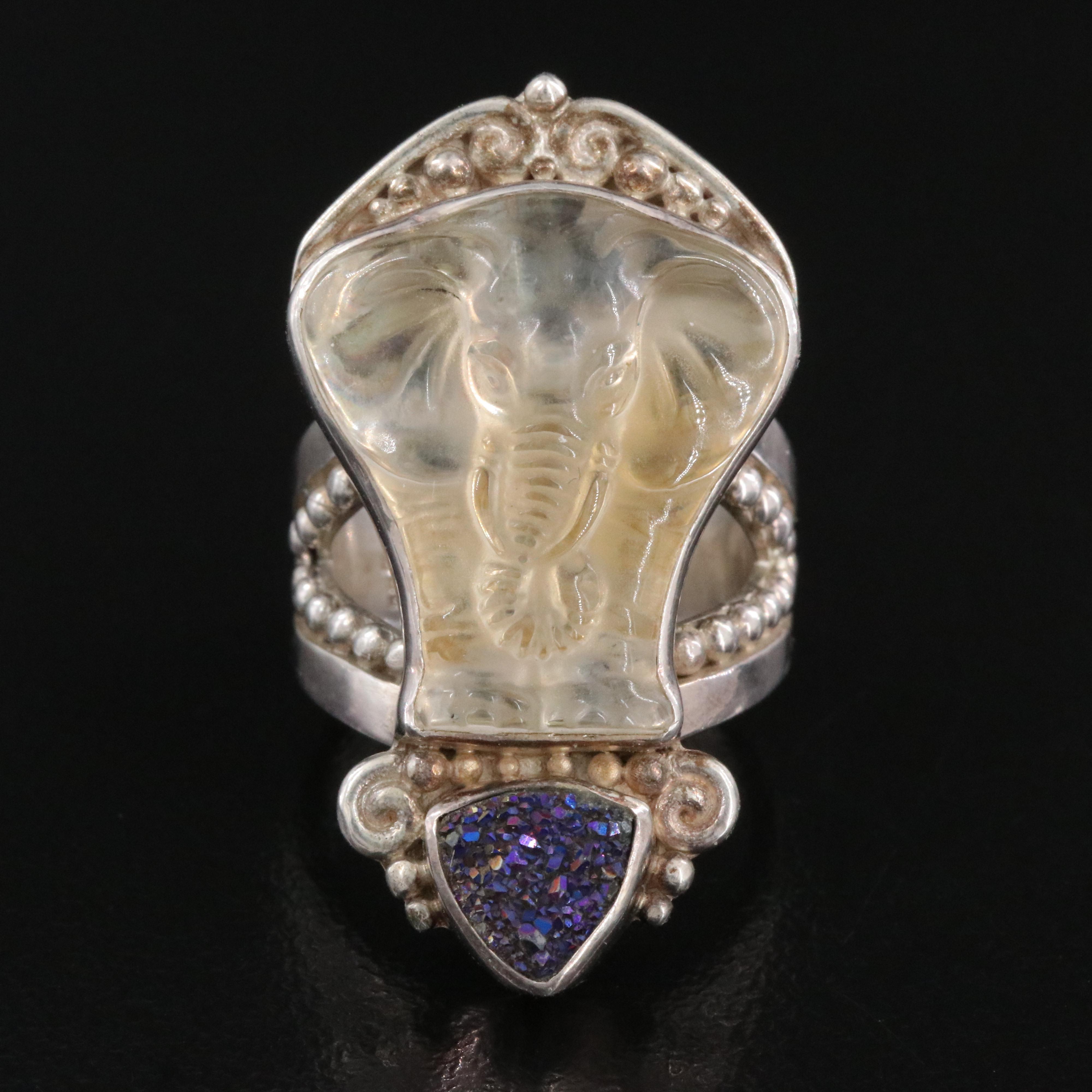 Sajen Sterling Carved Rock Crystal and Druzy Elephant Ring