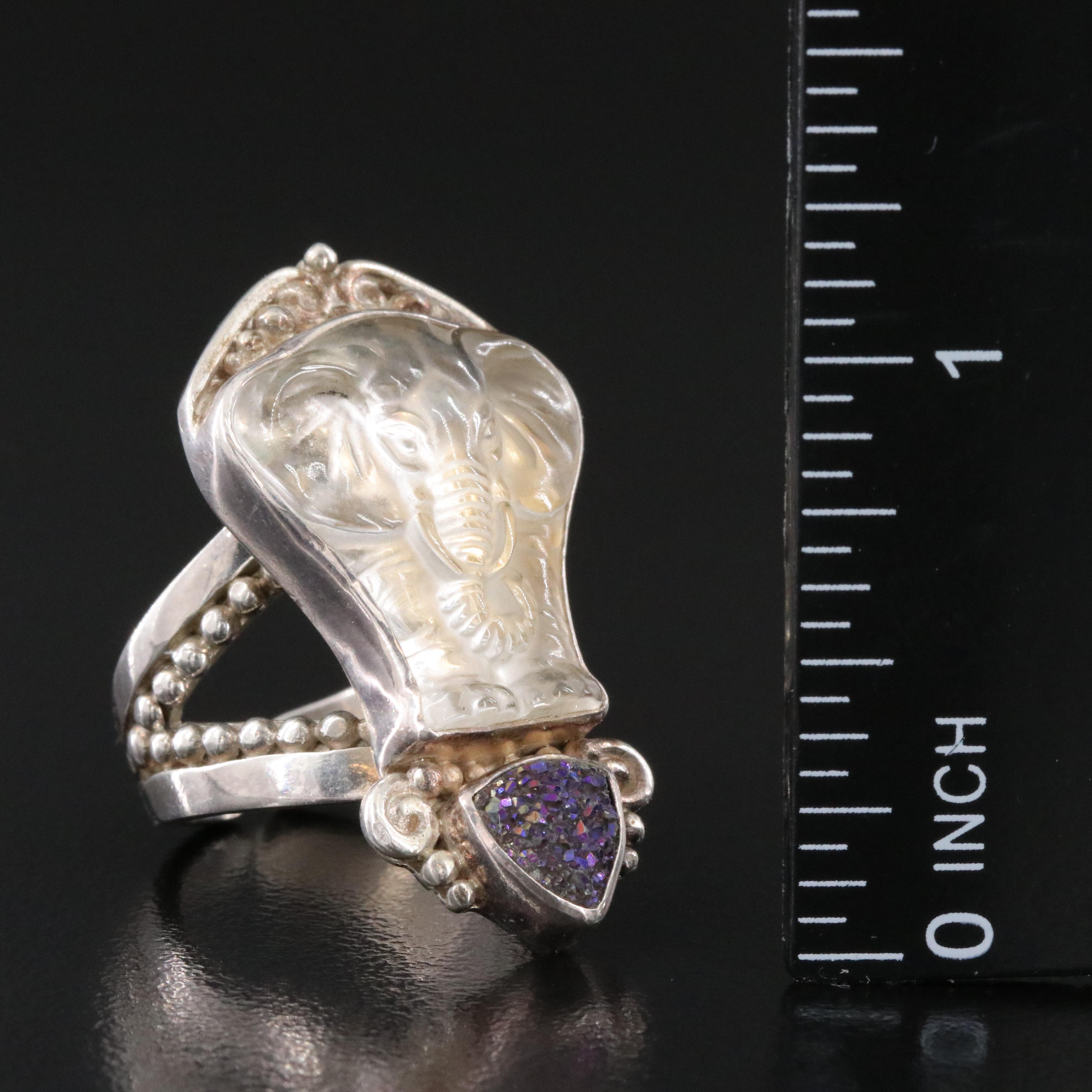 Sajen Sterling Carved Rock Crystal and Druzy Elephant Ring