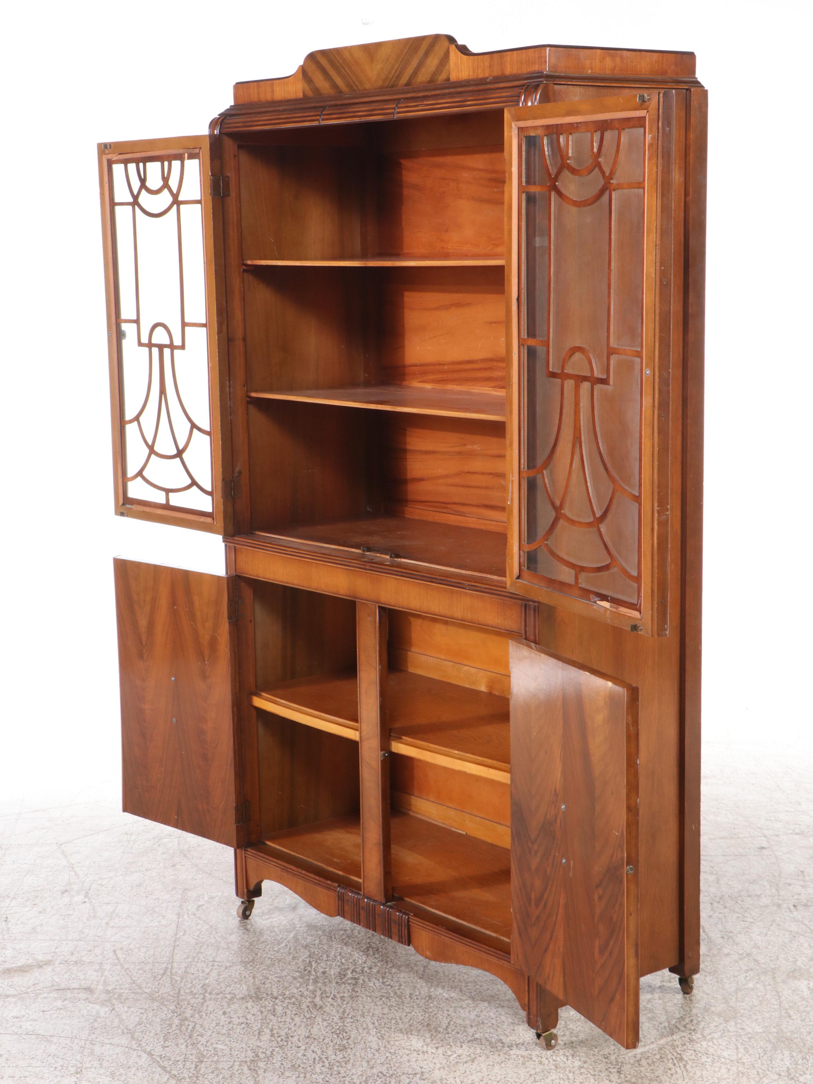 Art Deco Style Waterfall Walnut Veneer China Cabinet, Early to Mid-20th Century