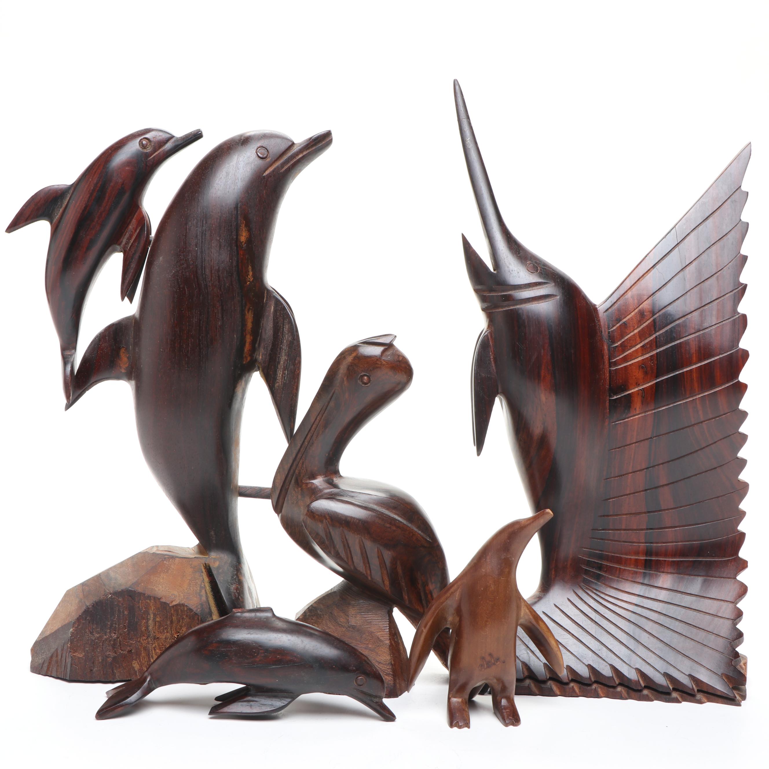 Ironwood Hard-Carved Marine Mammals and Sea Birds