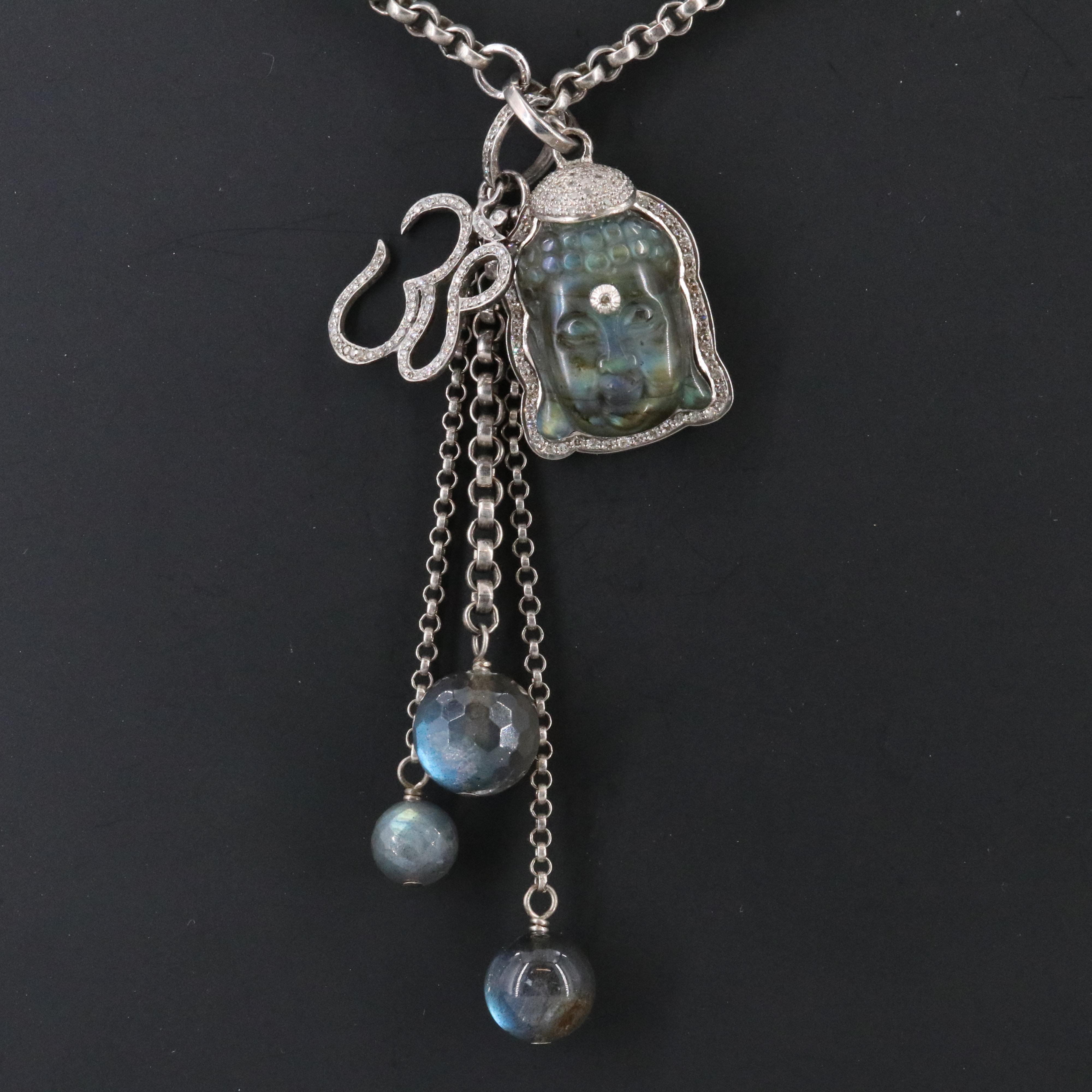 Sterling Labradorite and Diamond Buddha Om Necklace Attributed to Sheryl Lowe