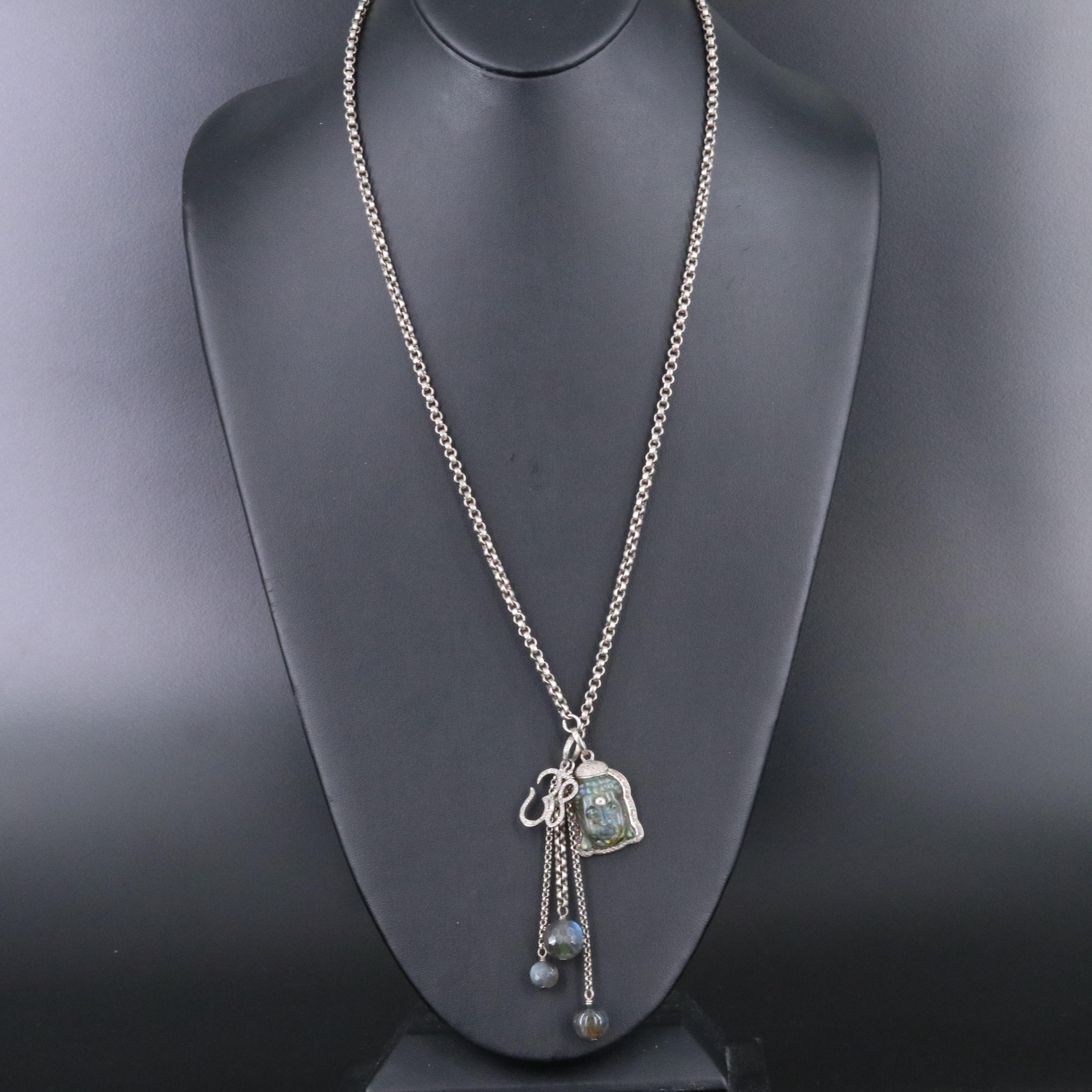 Sterling Labradorite and Diamond Buddha Om Necklace Attributed to Sheryl Lowe