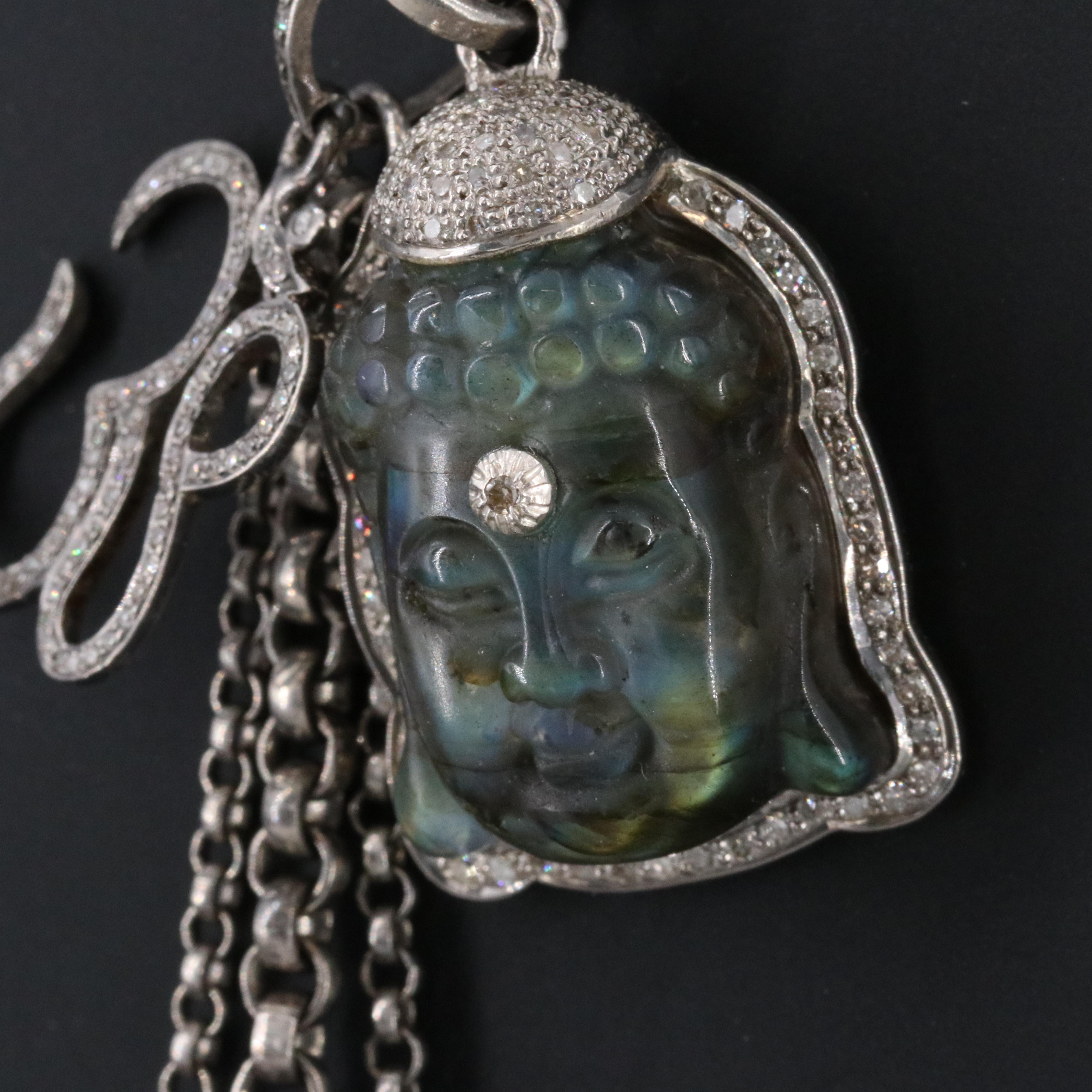 Sterling Labradorite and Diamond Buddha Om Necklace Attributed to Sheryl Lowe