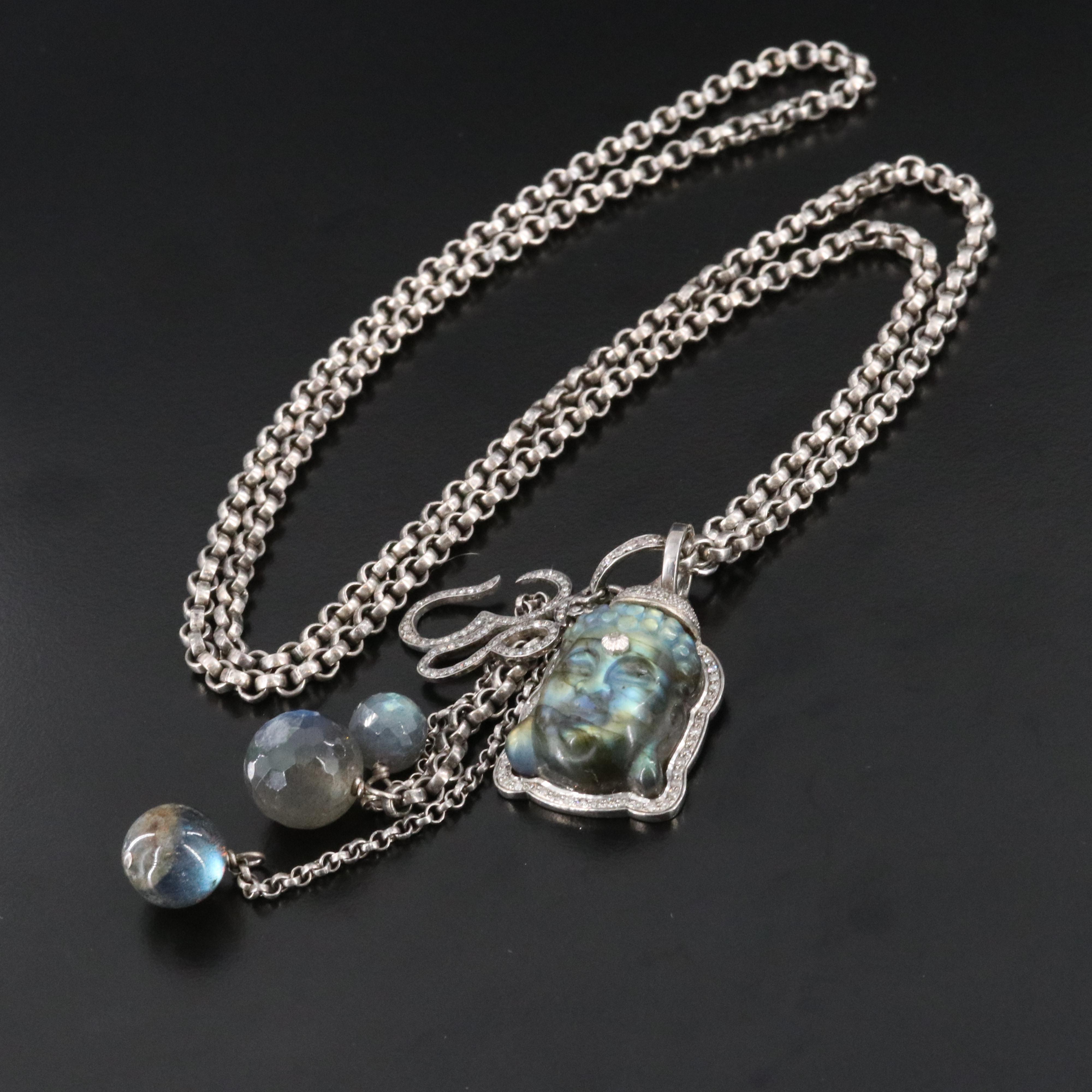 Sterling Labradorite and Diamond Buddha Om Necklace Attributed to Sheryl Lowe