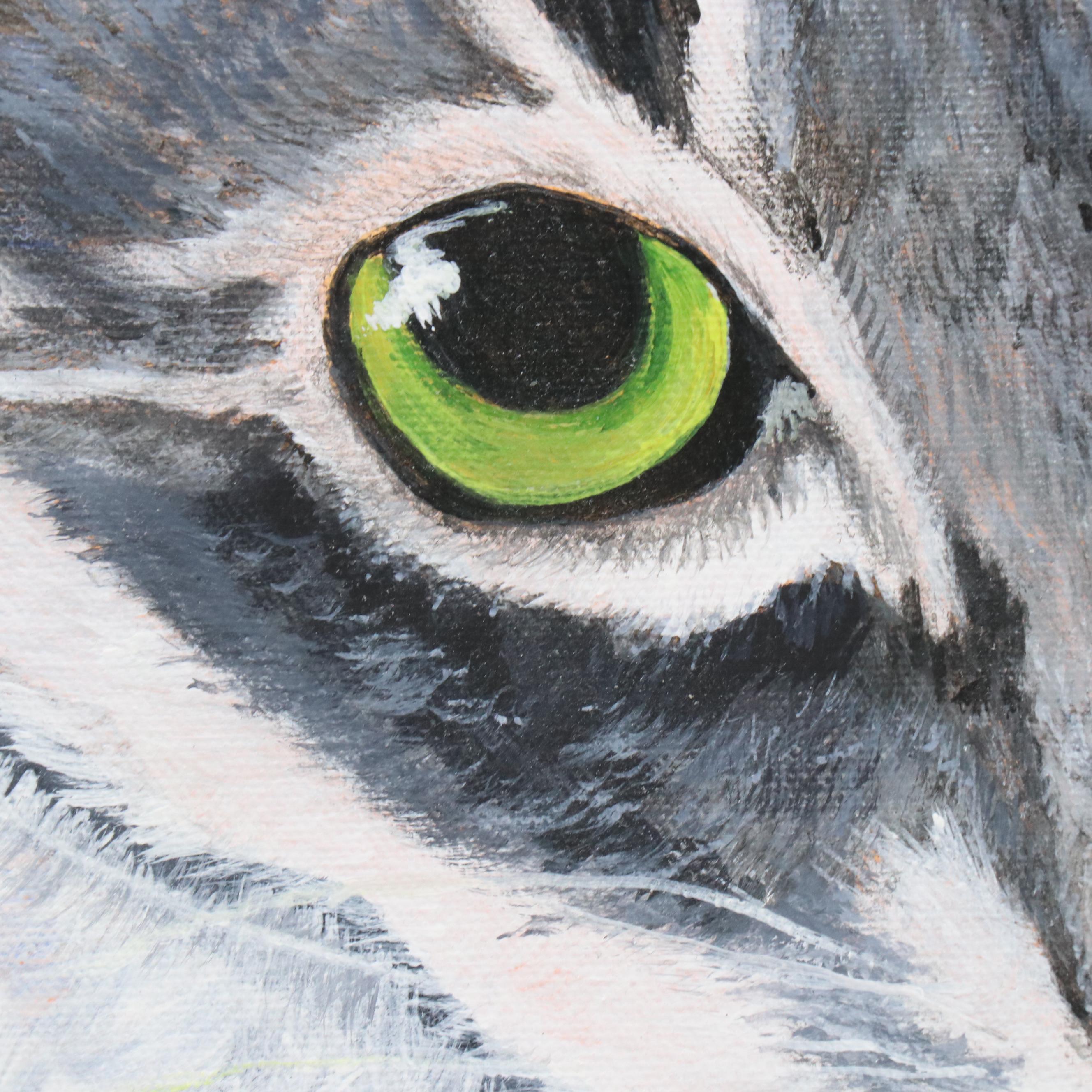 Sue Ervin Acrylic Portrait Painting of Grey Cat, 21st Century