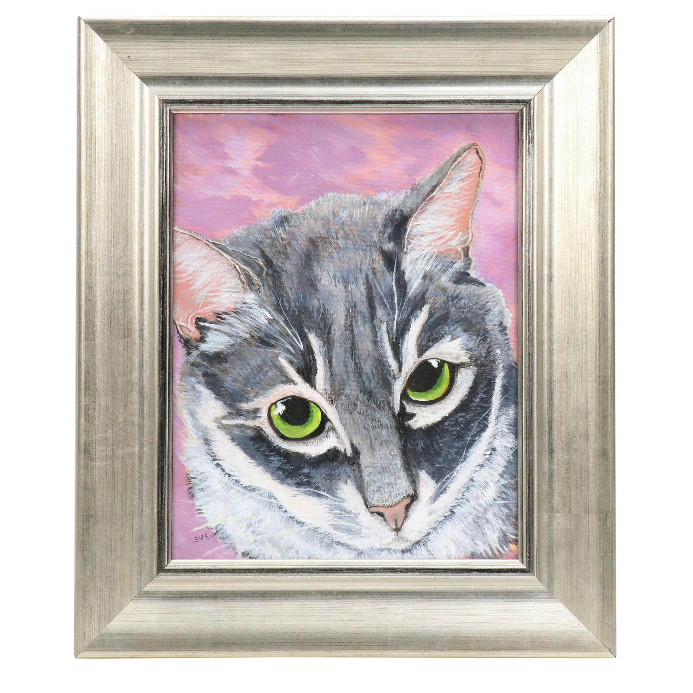 Sue Ervin Acrylic Portrait Painting of Grey Cat, 21st Century