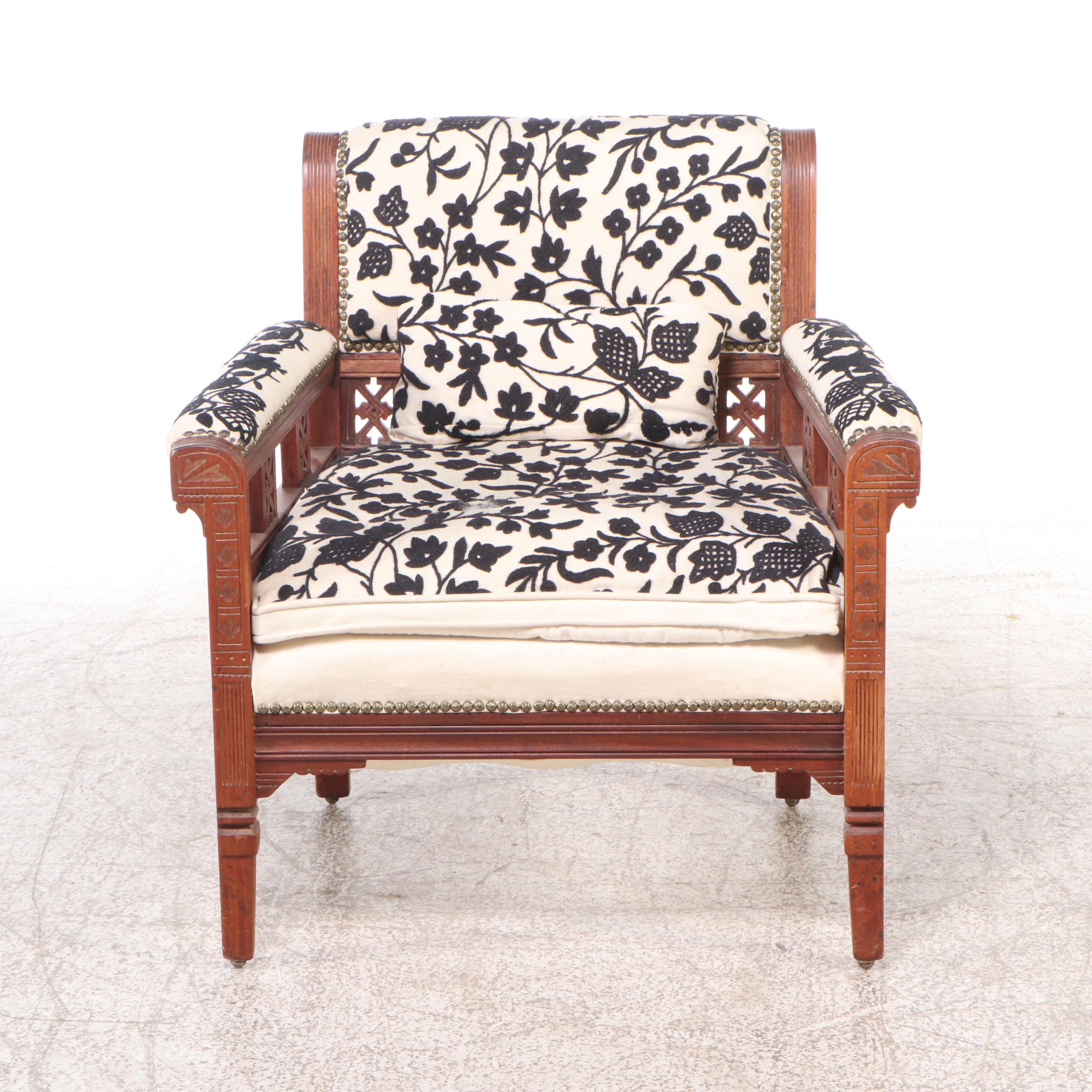 Eastlake Style Carved Walnut Armchair with Handmade Brocade Upholstery