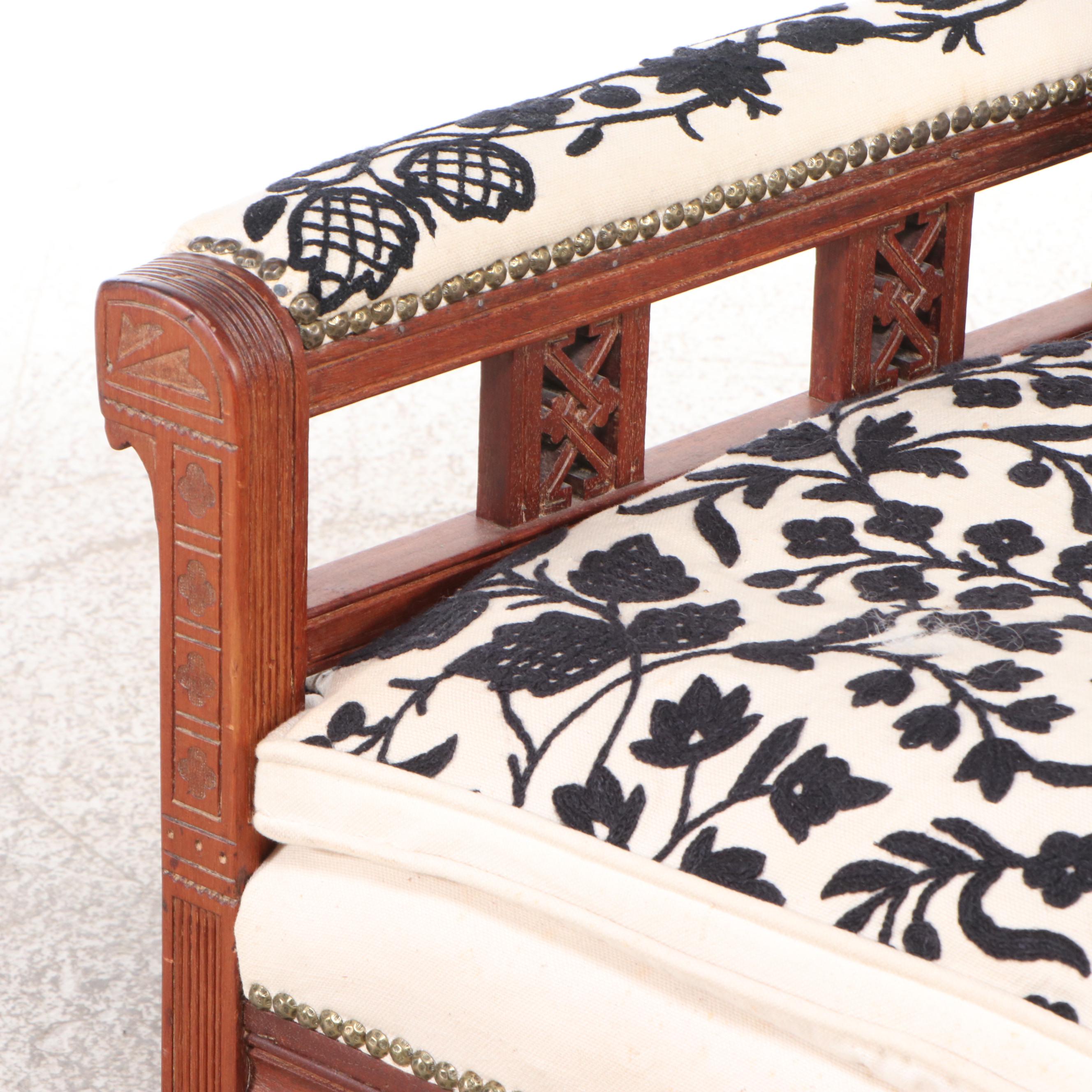 Eastlake Style Carved Walnut Armchair with Handmade Brocade Upholstery