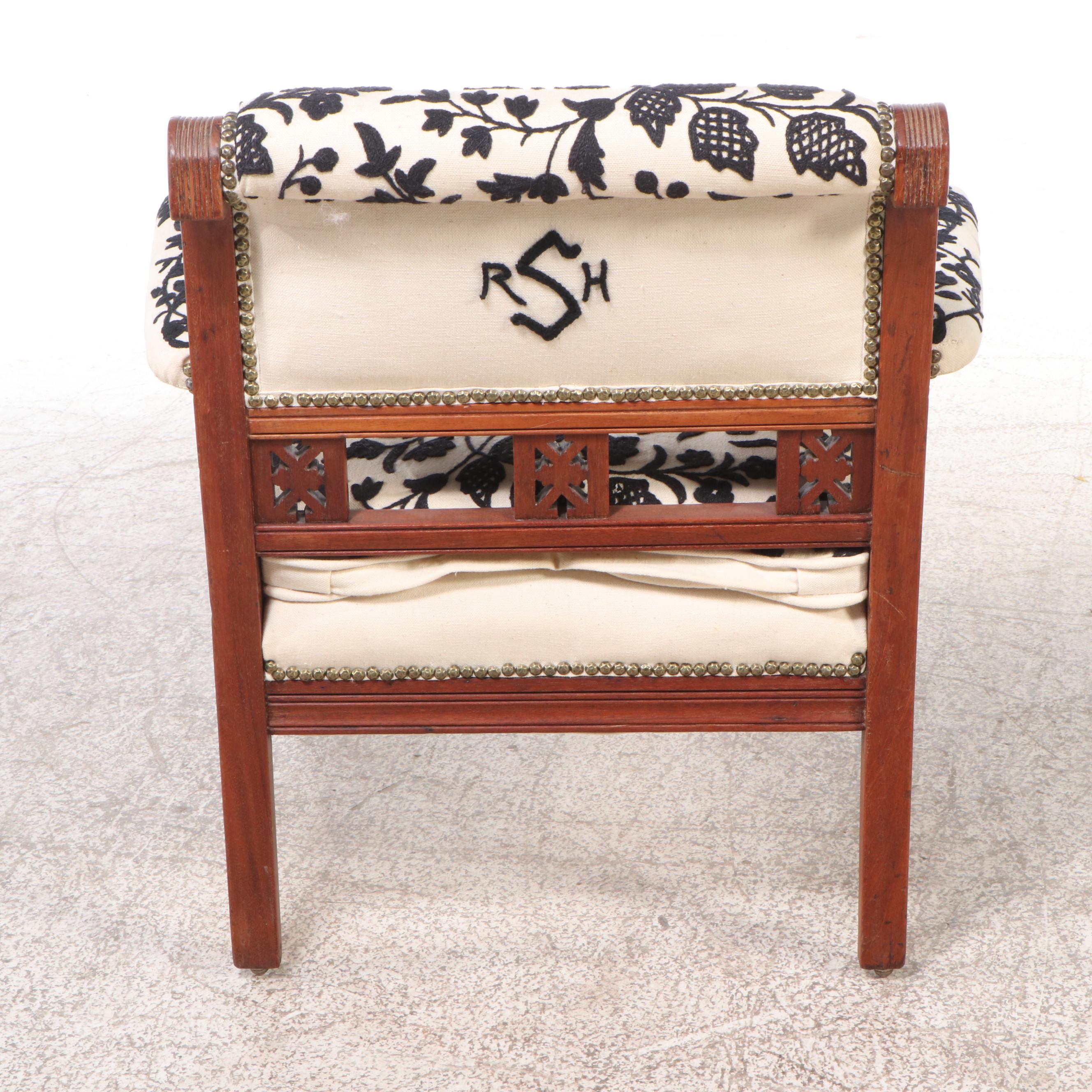 Eastlake Style Carved Walnut Armchair with Handmade Brocade Upholstery
