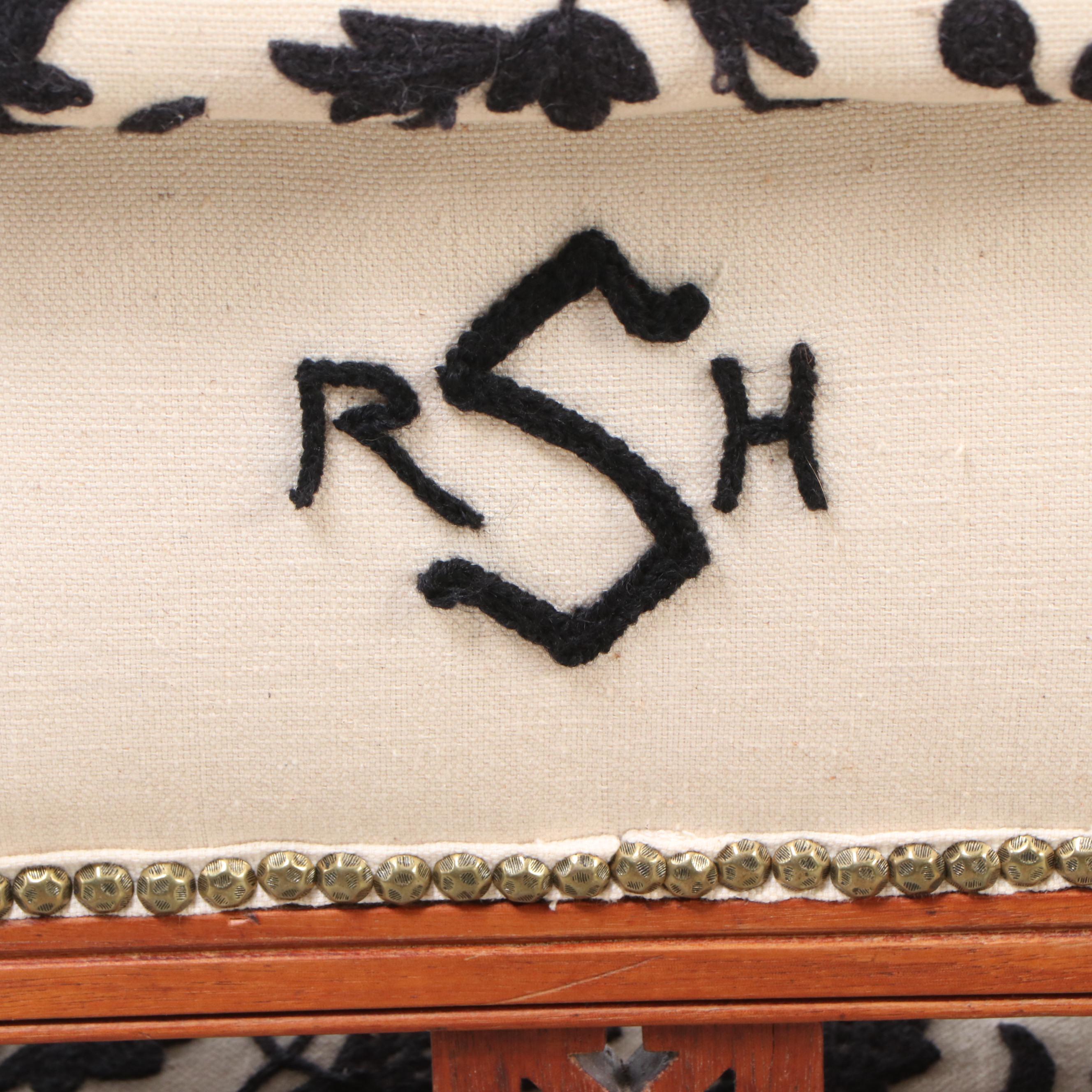 Eastlake Style Carved Walnut Armchair with Handmade Brocade Upholstery