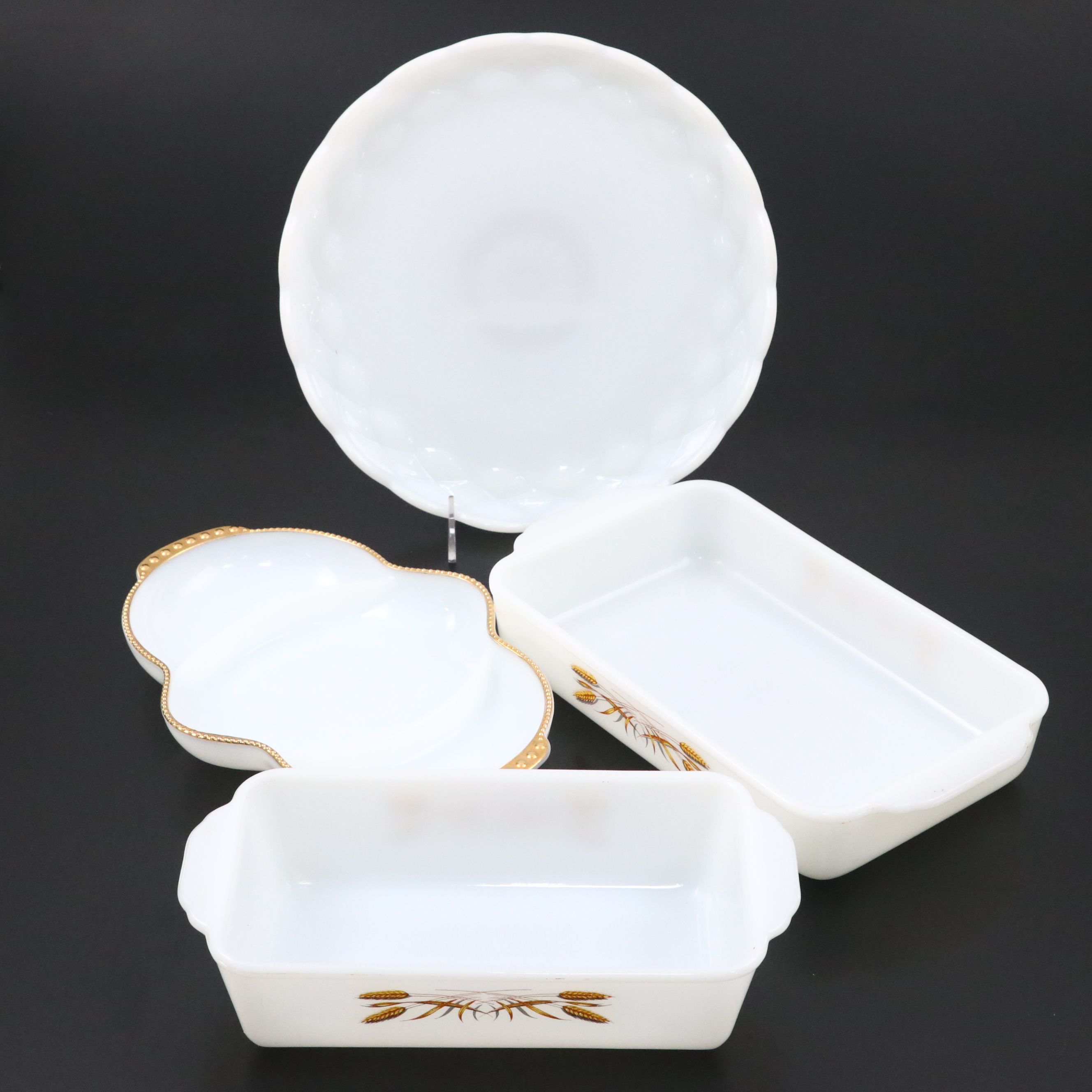 Fire-King "King Wheat" Baking Dishes with Other Milk Glass Serving Pieces