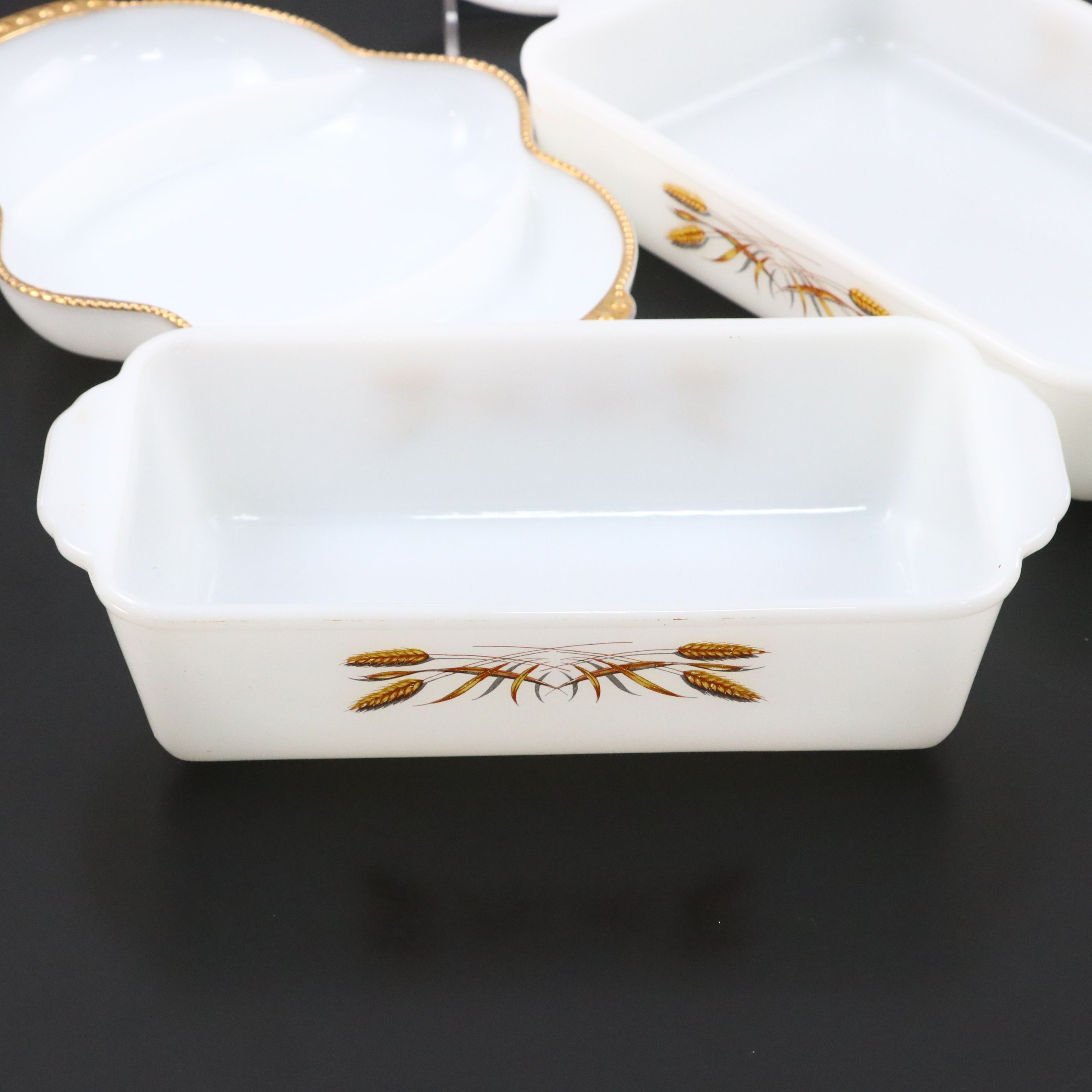 Fire-King "King Wheat" Baking Dishes with Other Milk Glass Serving Pieces