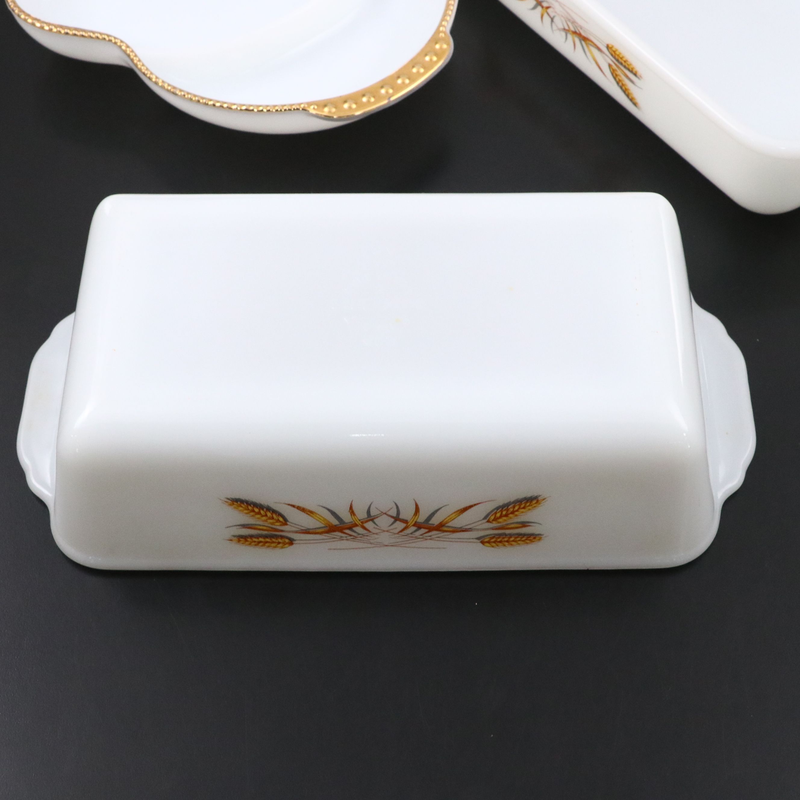 Fire-King "King Wheat" Baking Dishes with Other Milk Glass Serving Pieces