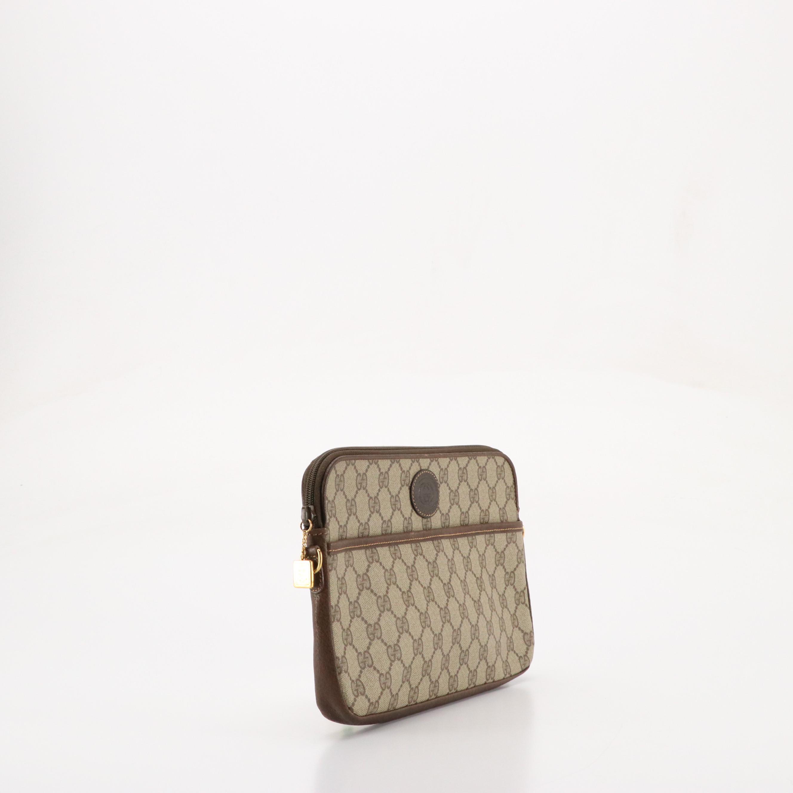 Gucci Vintage Zip Clutch in GG Supreme Coated Canvas and Brown Leather Trim
