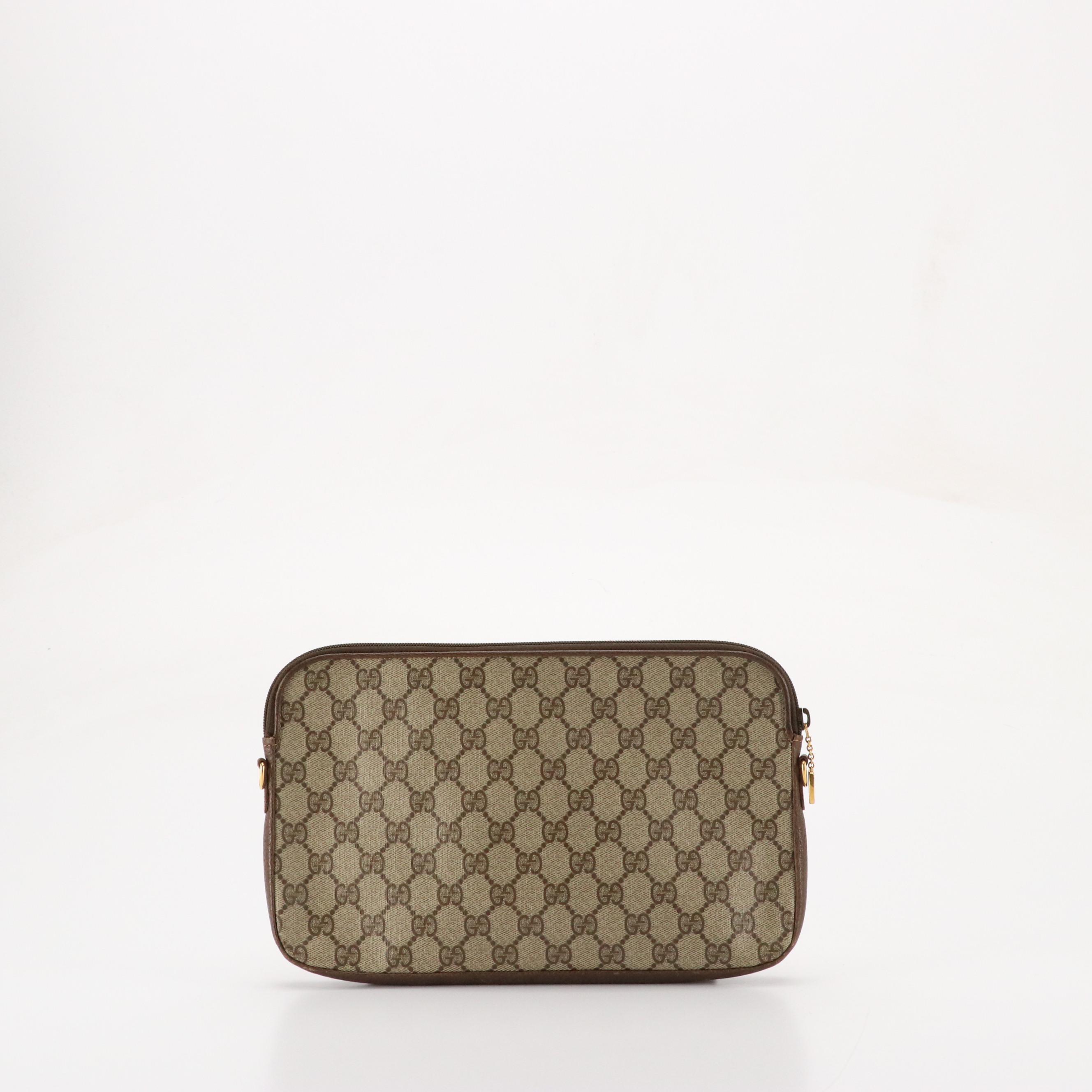 Gucci Vintage Zip Clutch in GG Supreme Coated Canvas and Brown Leather Trim