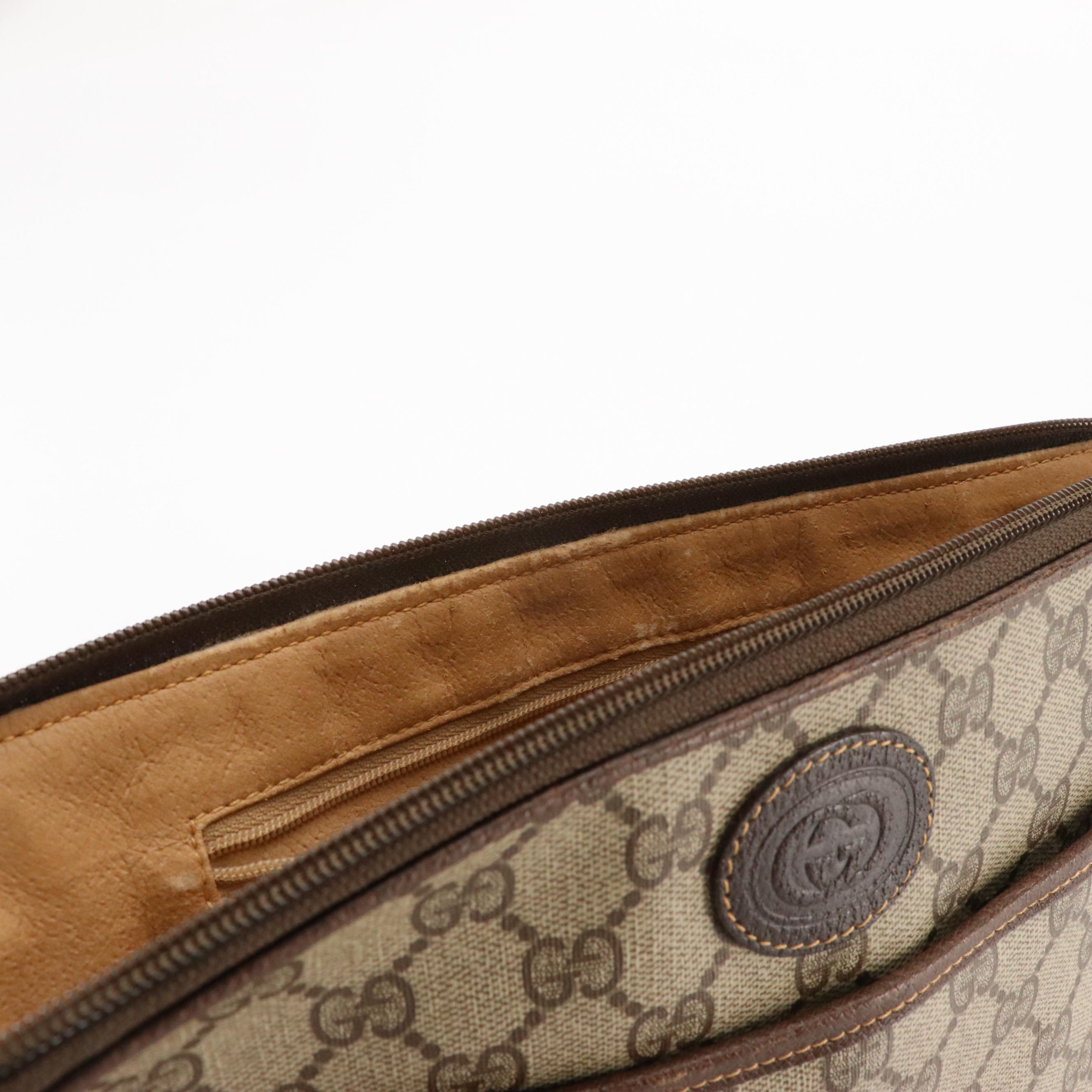 Gucci Vintage Zip Clutch in GG Supreme Coated Canvas and Brown Leather Trim