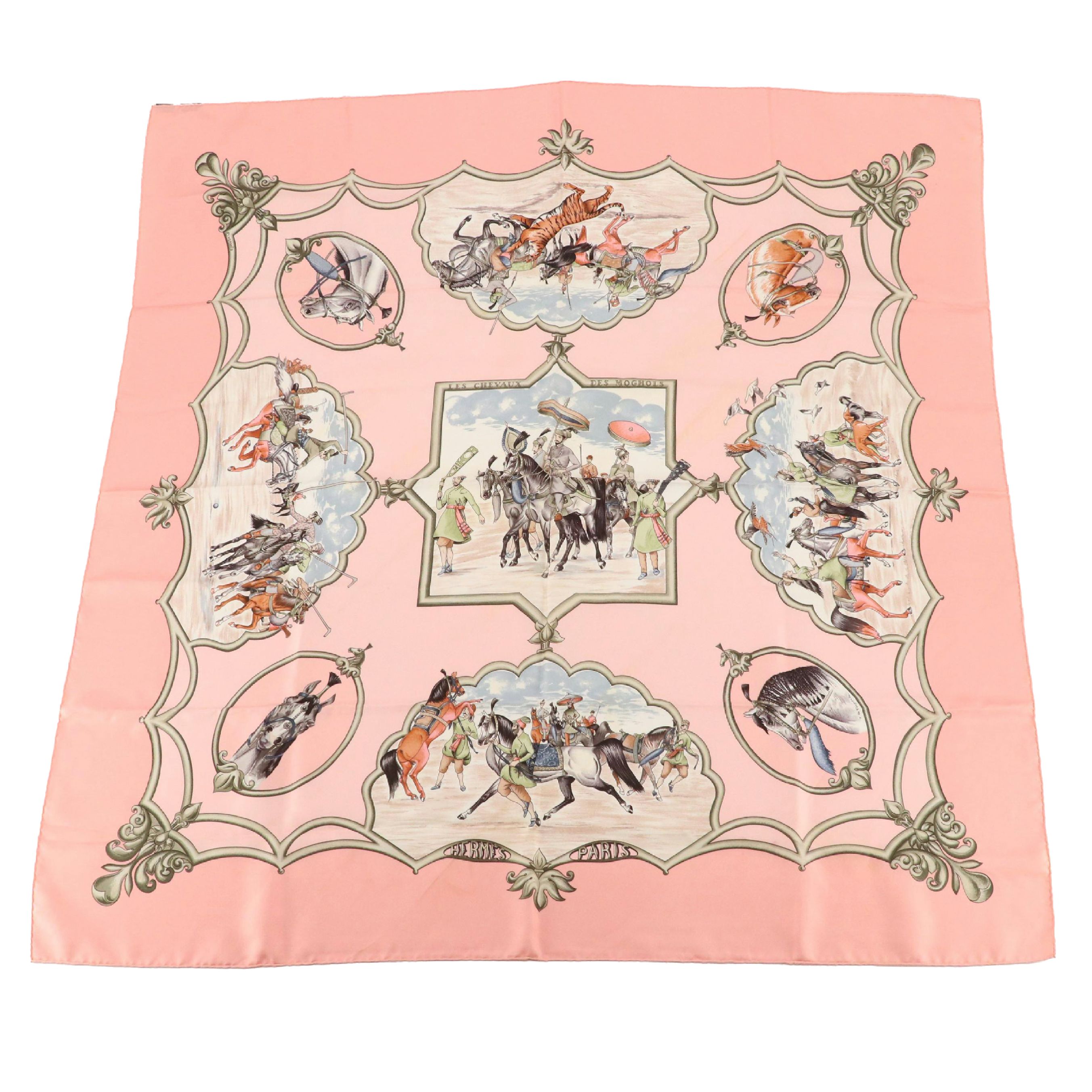 Hermès "Les Chevaux Des Moghols" Baby Pink Silk Twill Scarf 90