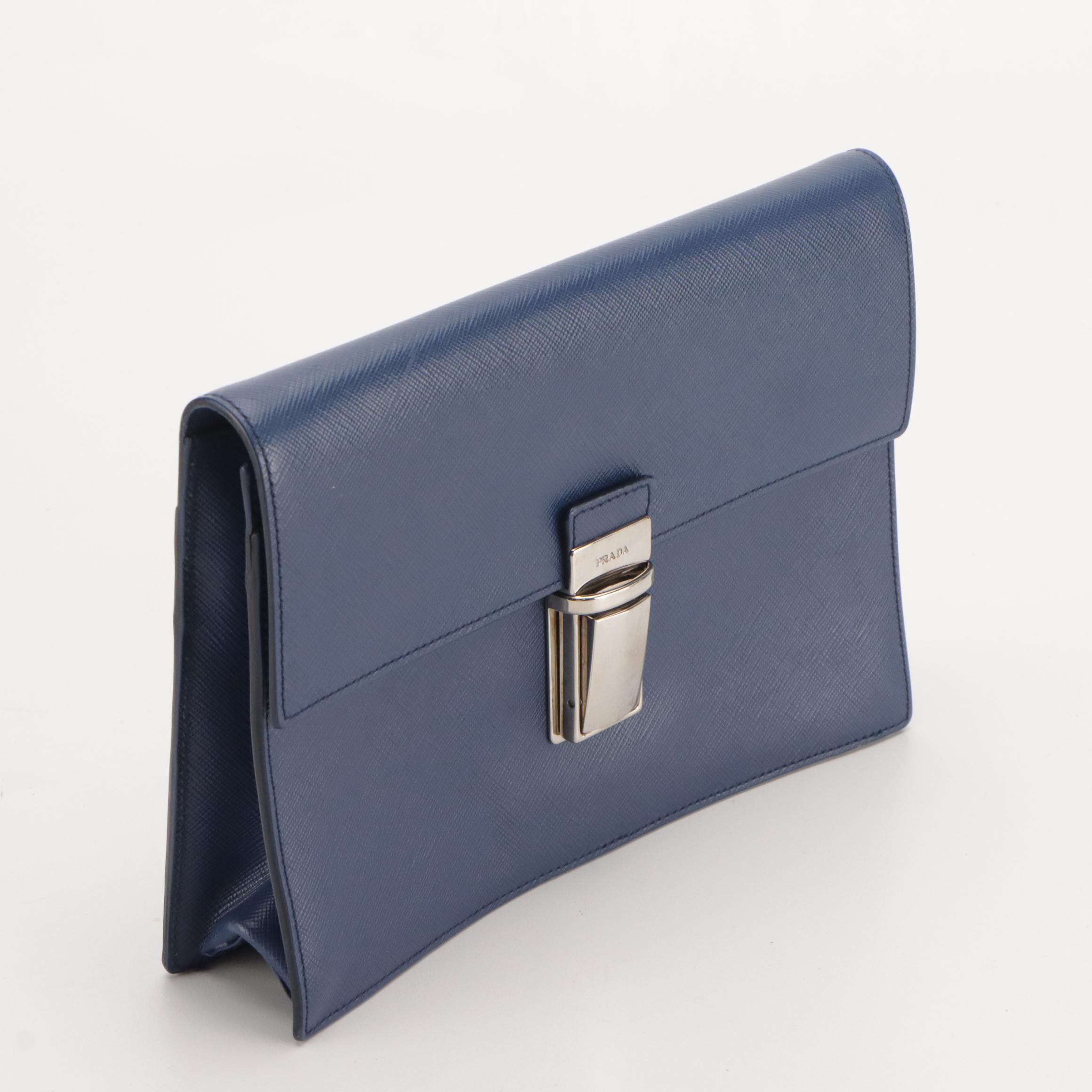 Prada Front Flap Push Lock Wristelt Clutch in Blue Saffiano Leather