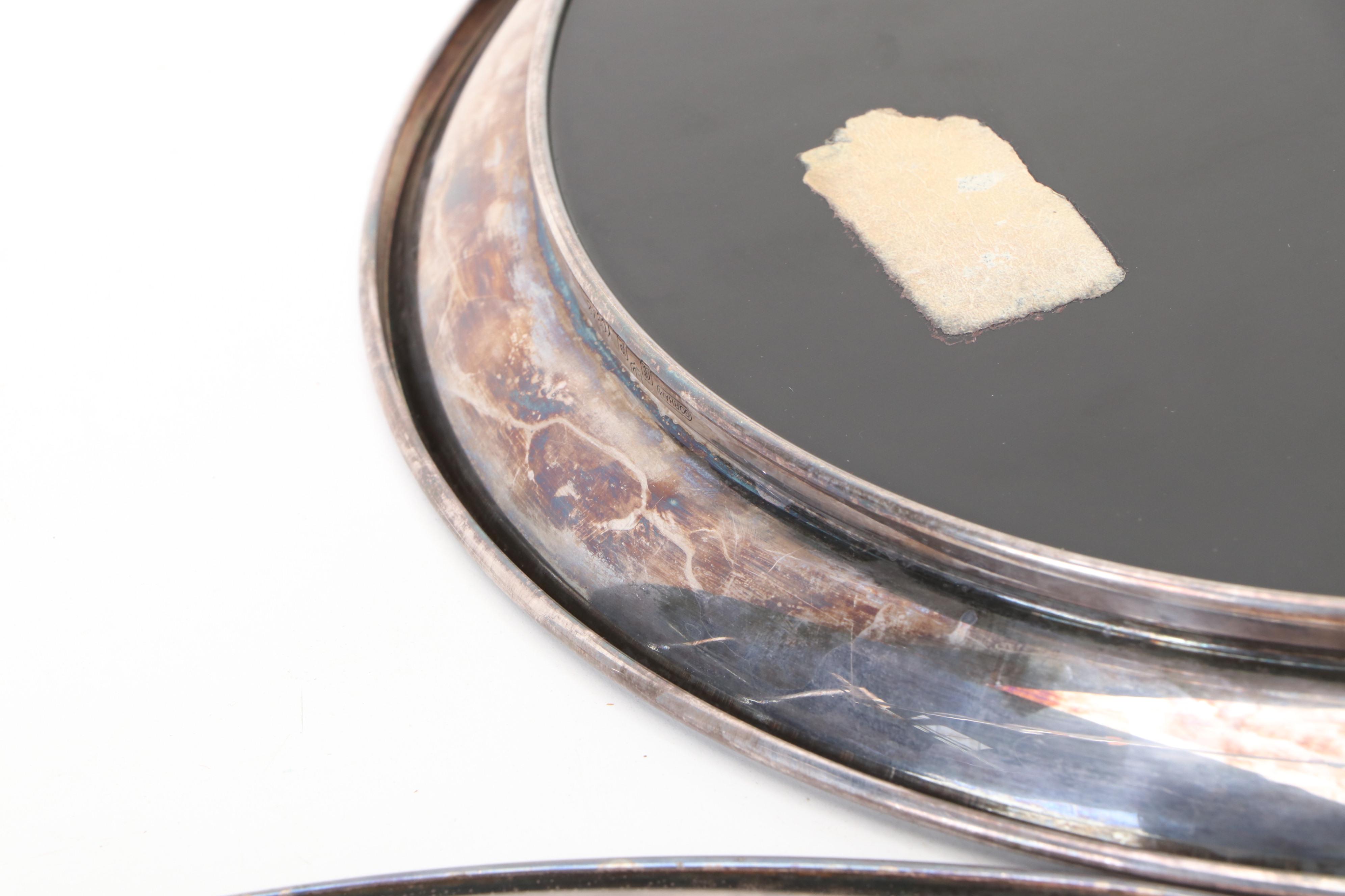 Vintage F. B. Rogers and Other Silver Plate Rimmed and Laminate Round Trays