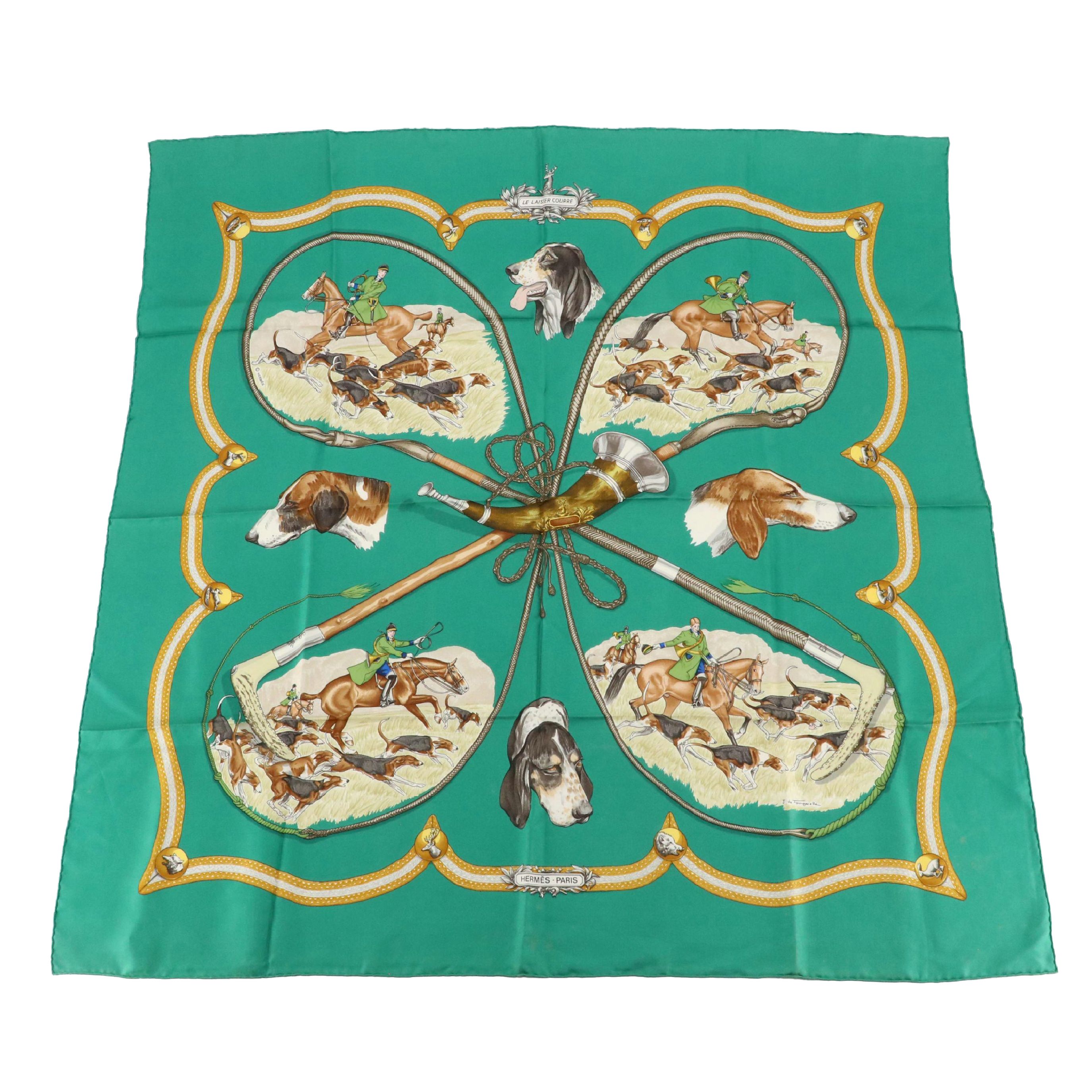 Hermès "Le Laisser Courre" Emerald Green Silk Twill Scarf 90