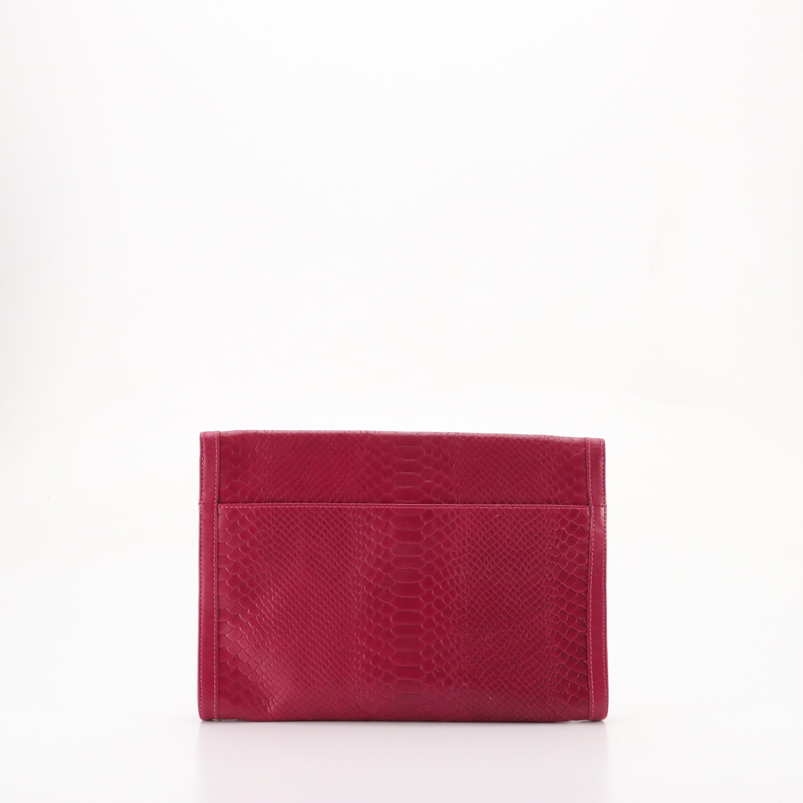 Longchamp Gatsby Flap Clutch in Magenta Python Embossed Leather