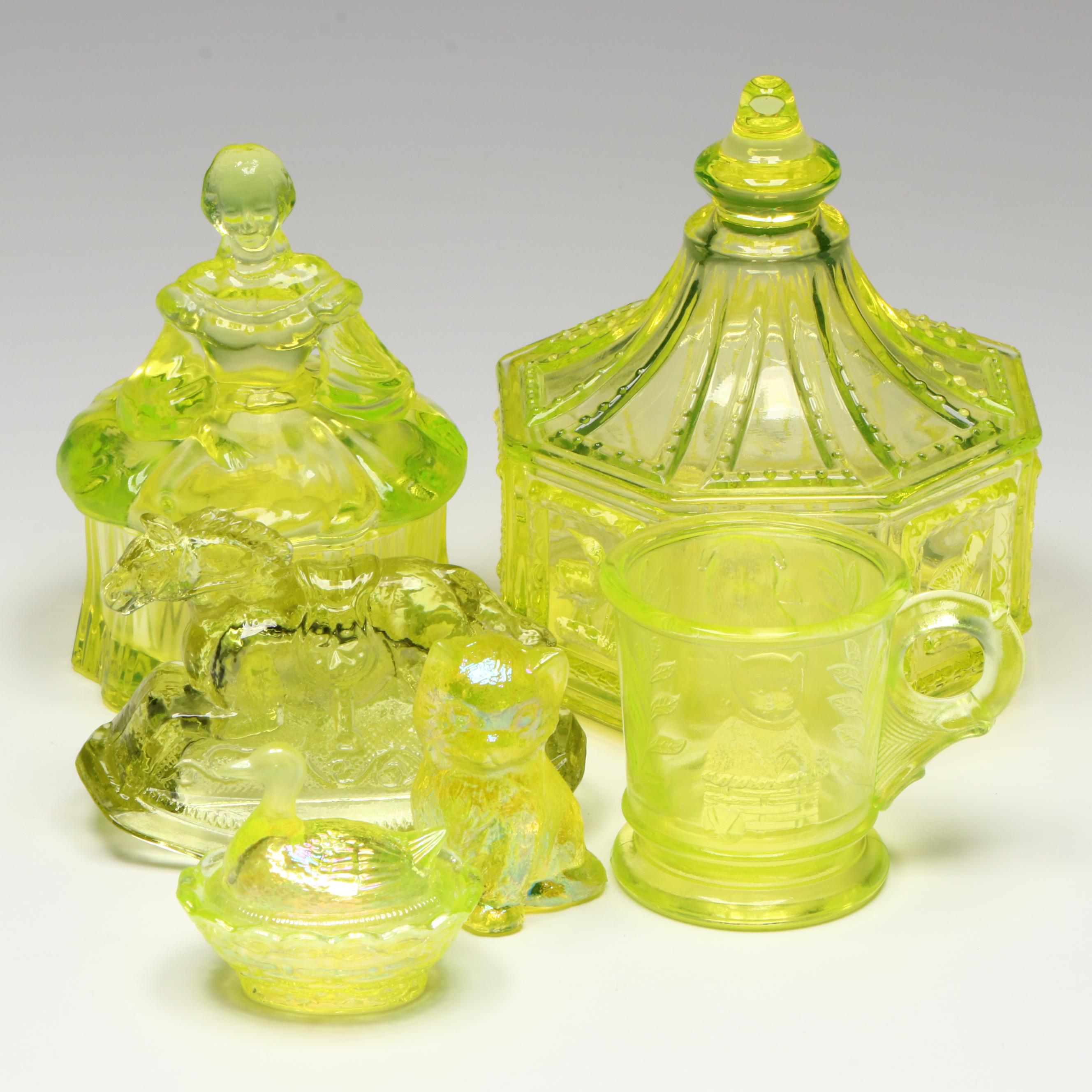 Imperial "Springerle" Uranium Glass Candy Dish with Boyd Figurines and More