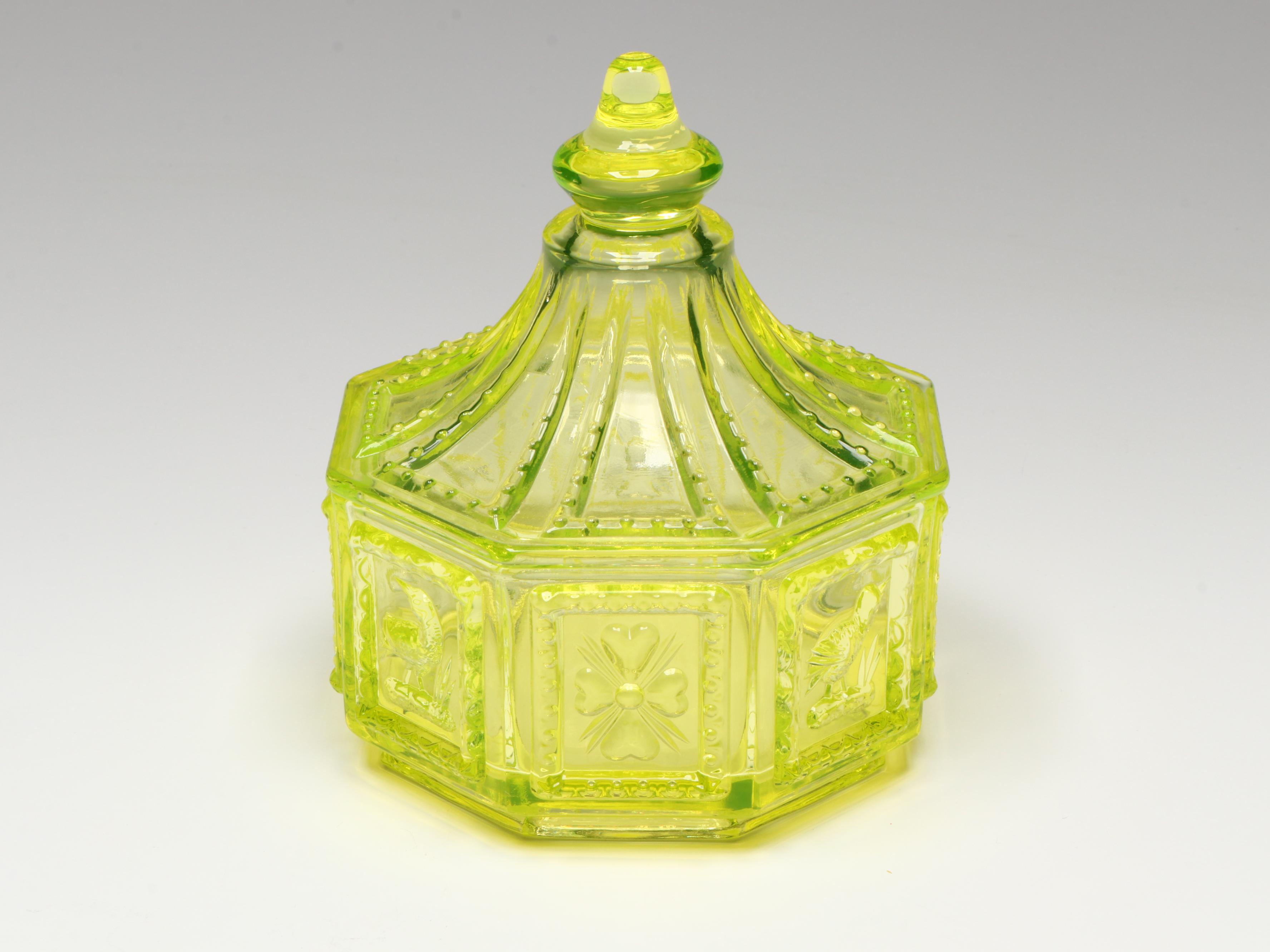 Imperial "Springerle" Uranium Glass Candy Dish with Boyd Figurines and More
