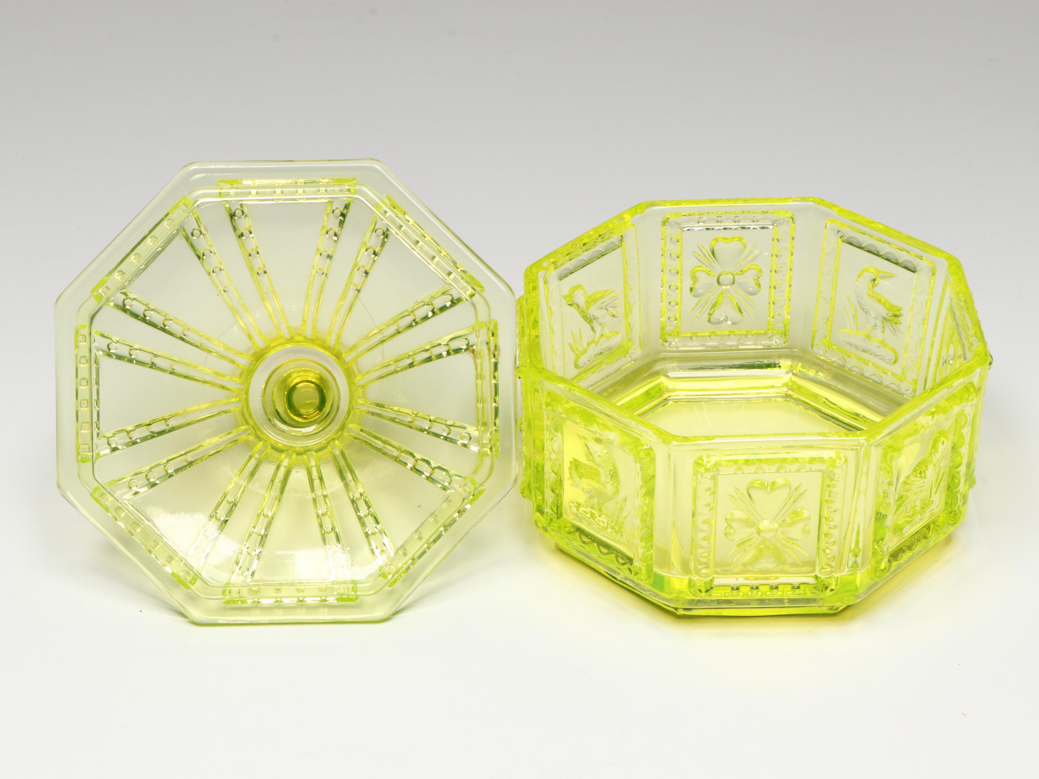 Imperial "Springerle" Uranium Glass Candy Dish with Boyd Figurines and More