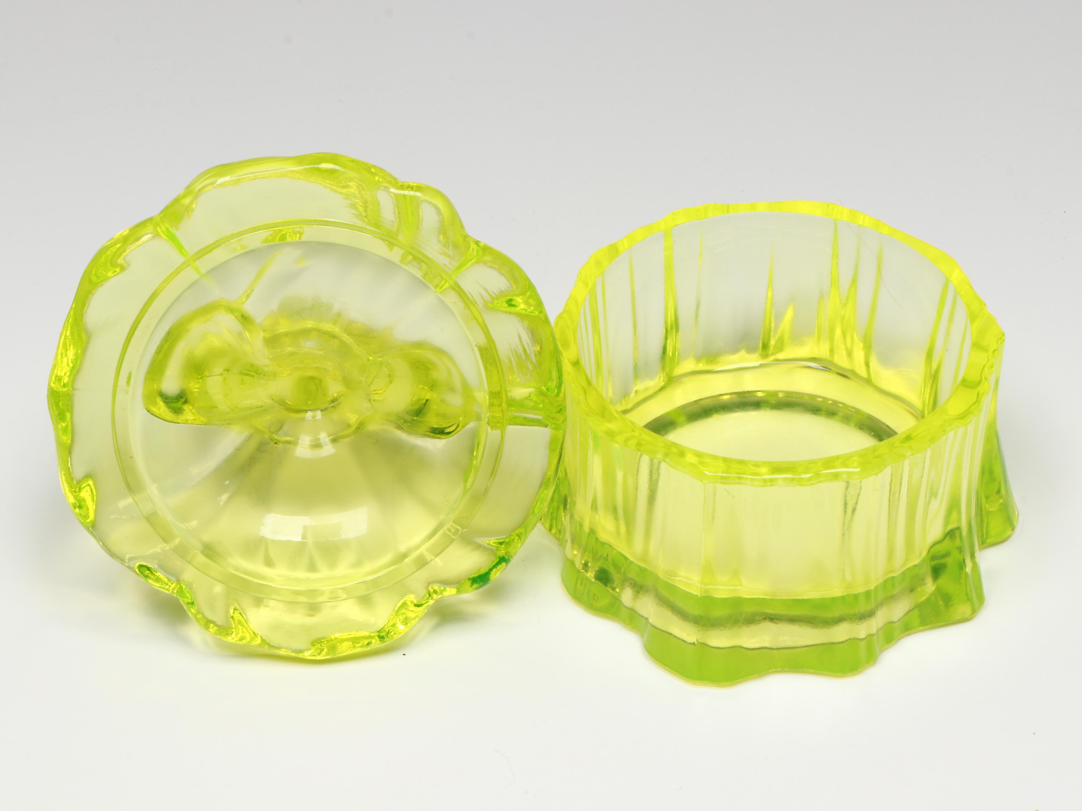 Imperial "Springerle" Uranium Glass Candy Dish with Boyd Figurines and More