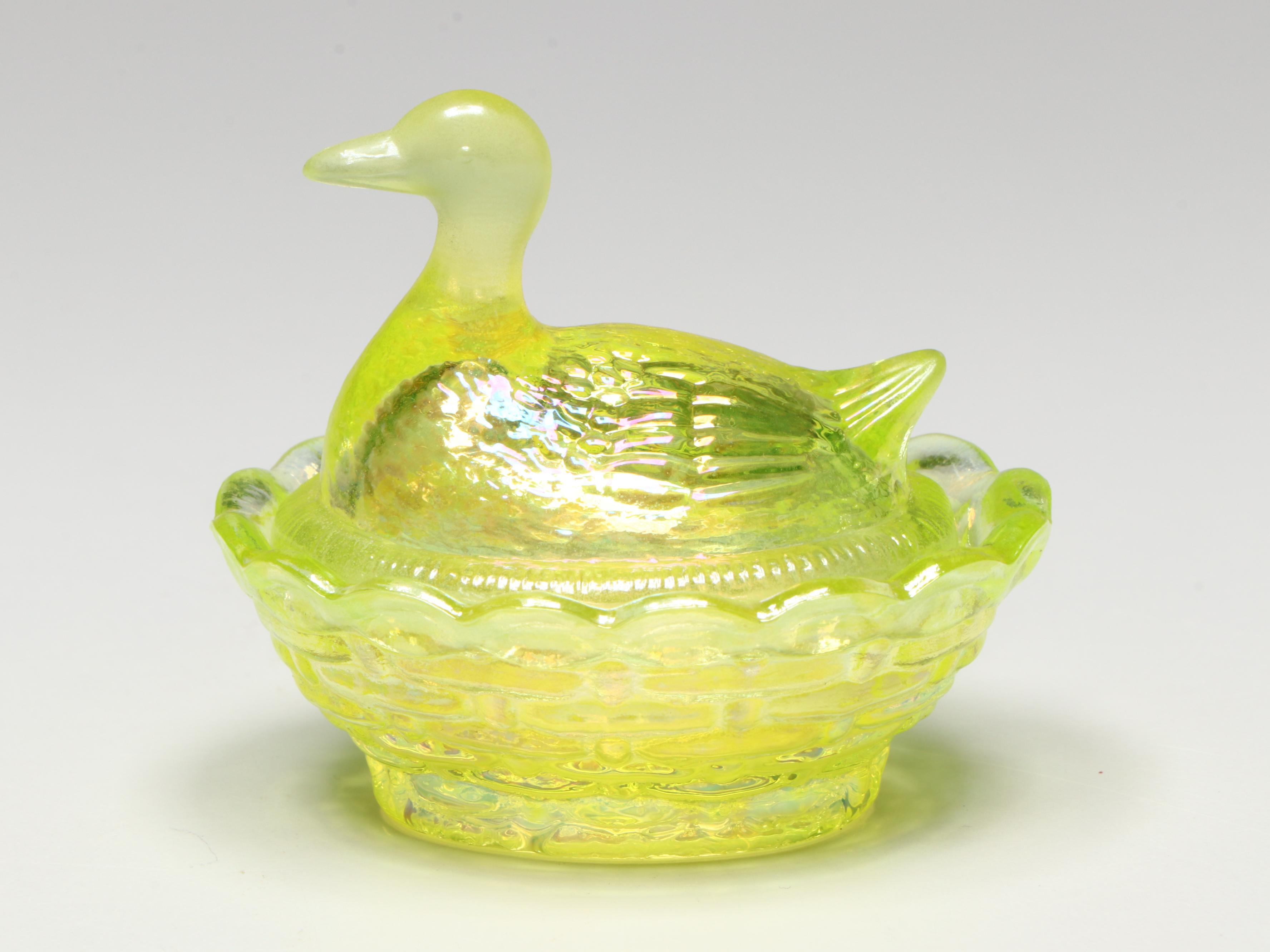 Imperial "Springerle" Uranium Glass Candy Dish with Boyd Figurines and More