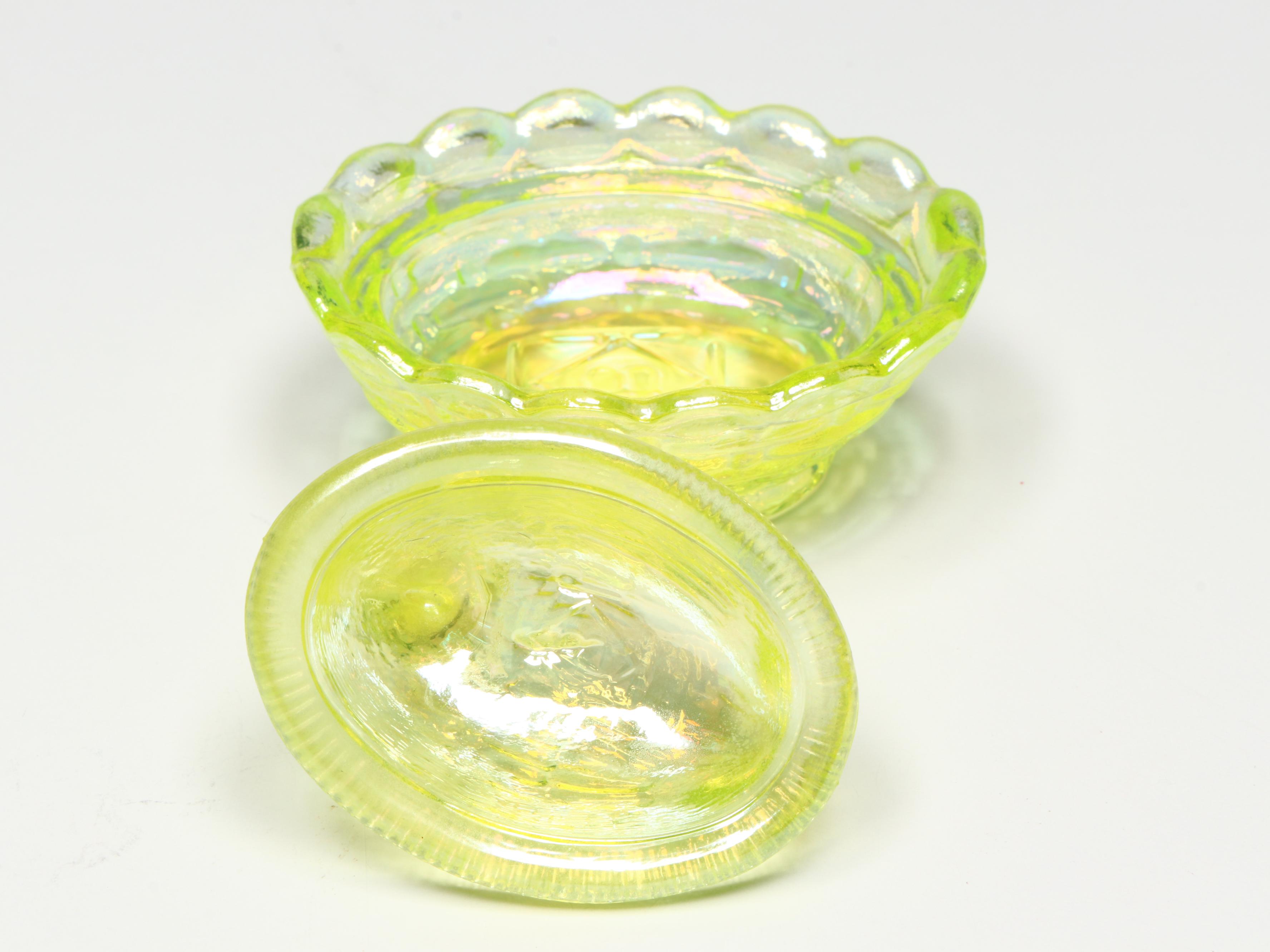 Imperial "Springerle" Uranium Glass Candy Dish with Boyd Figurines and More