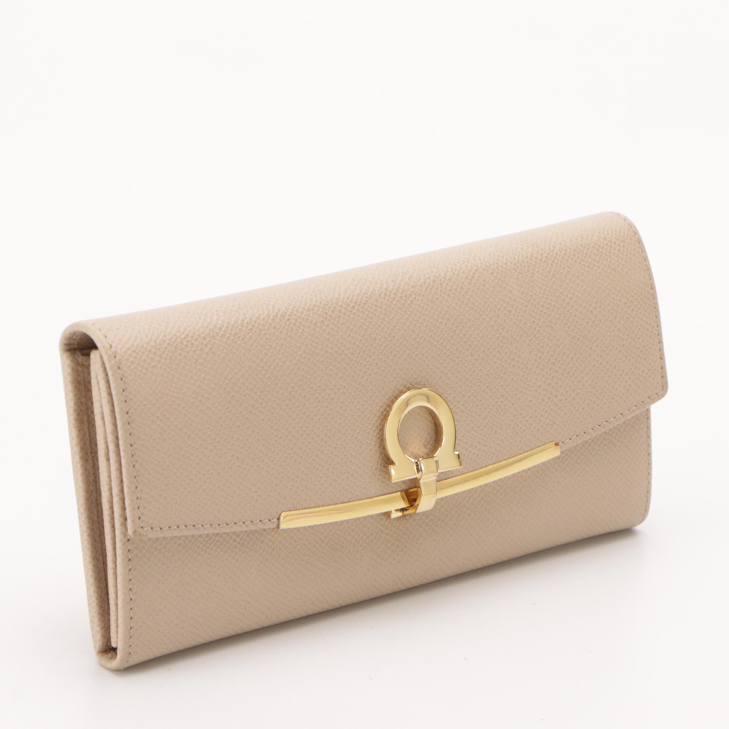 Salvatore Ferragamo Gancini-Flap Continental Wallet in Beige Leather, With Box