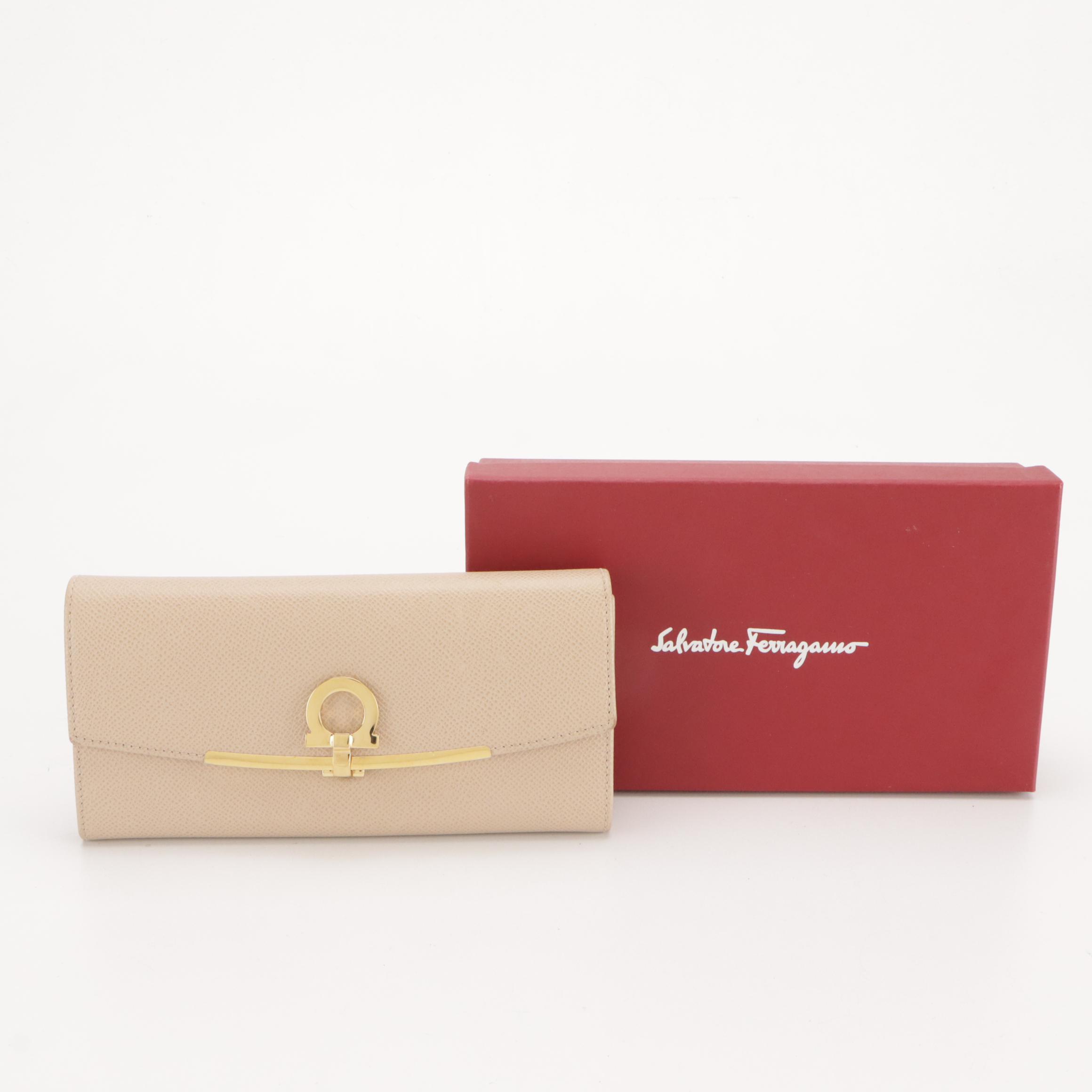 Salvatore Ferragamo Gancini-Flap Continental Wallet in Beige Leather, With Box