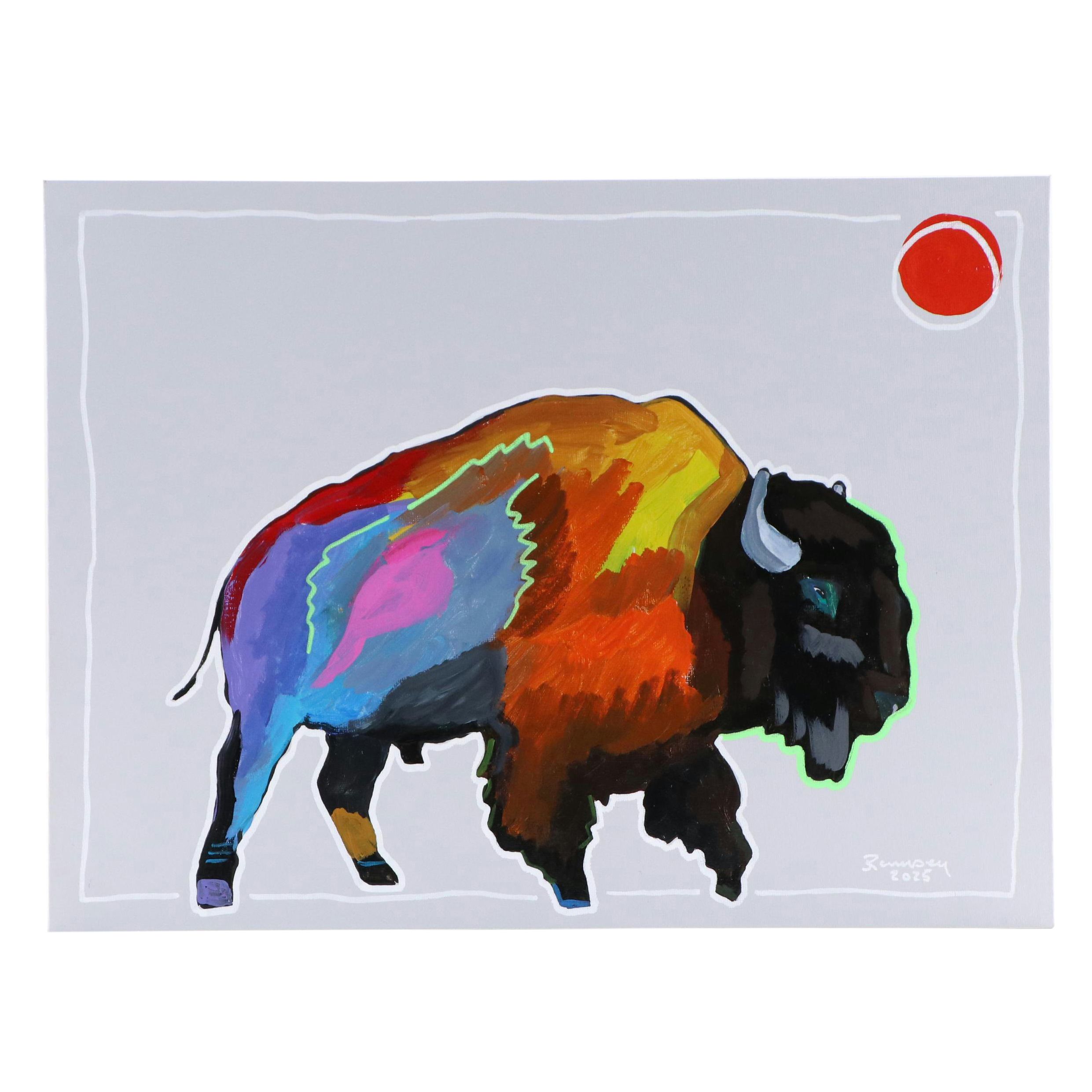 Joshua Ramsey Stylized Acrylic Painting "Bison IV," 2025