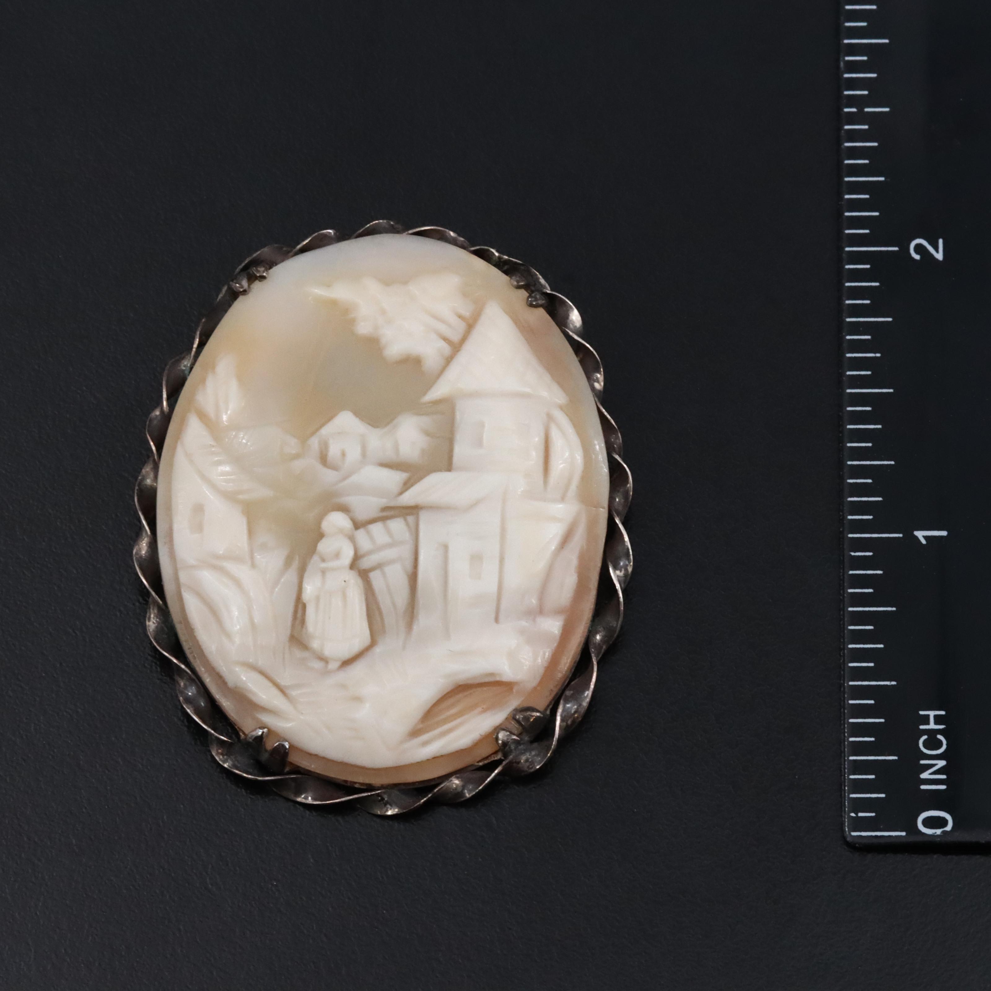 Sterling Shell Cameo Brooches and Ring Including Art Deco and Goddess Artemis