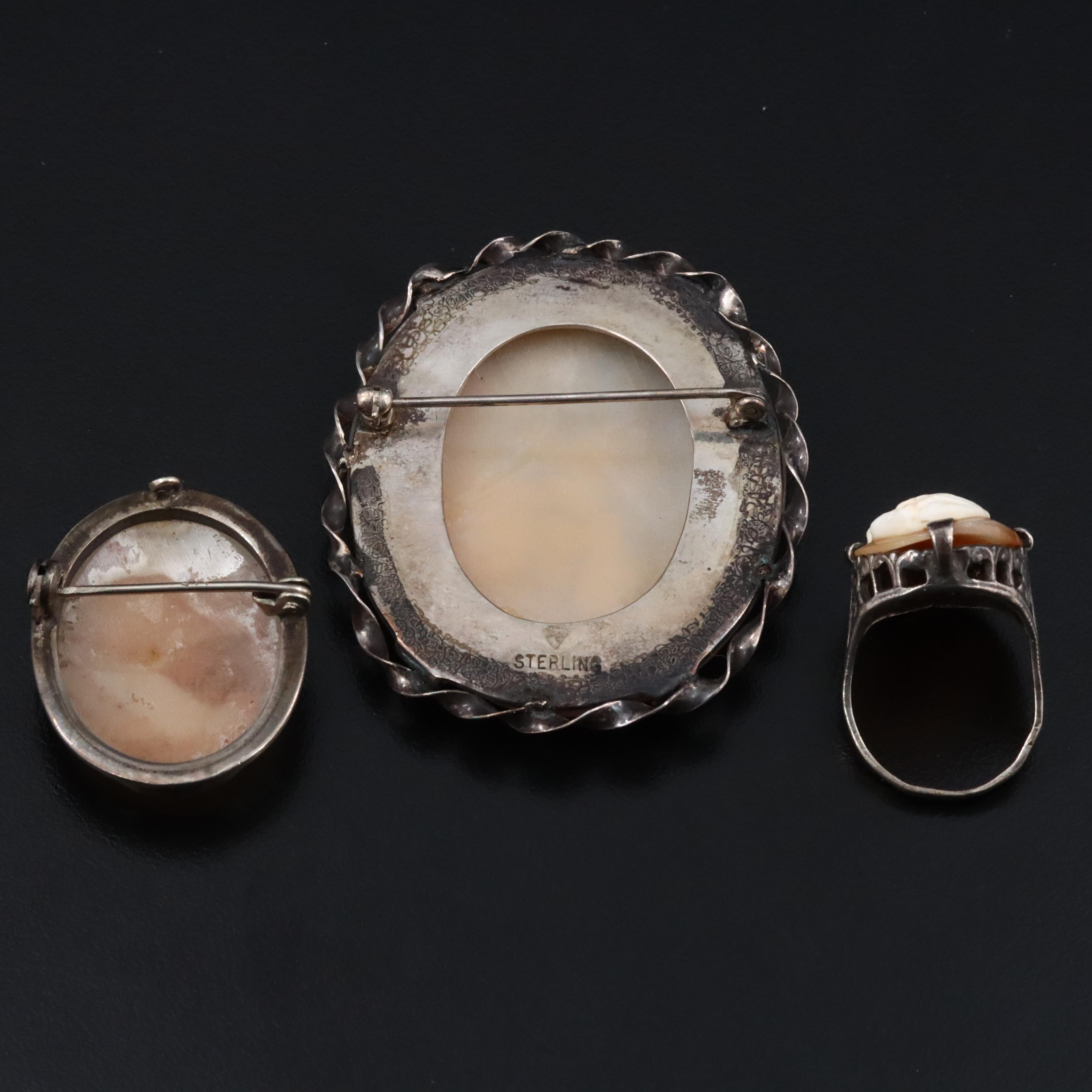 Sterling Shell Cameo Brooches and Ring Including Art Deco and Goddess Artemis
