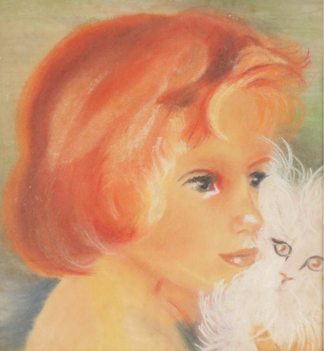 Chalk Pastel Portrait of Young Girl with Cat, 21st Century