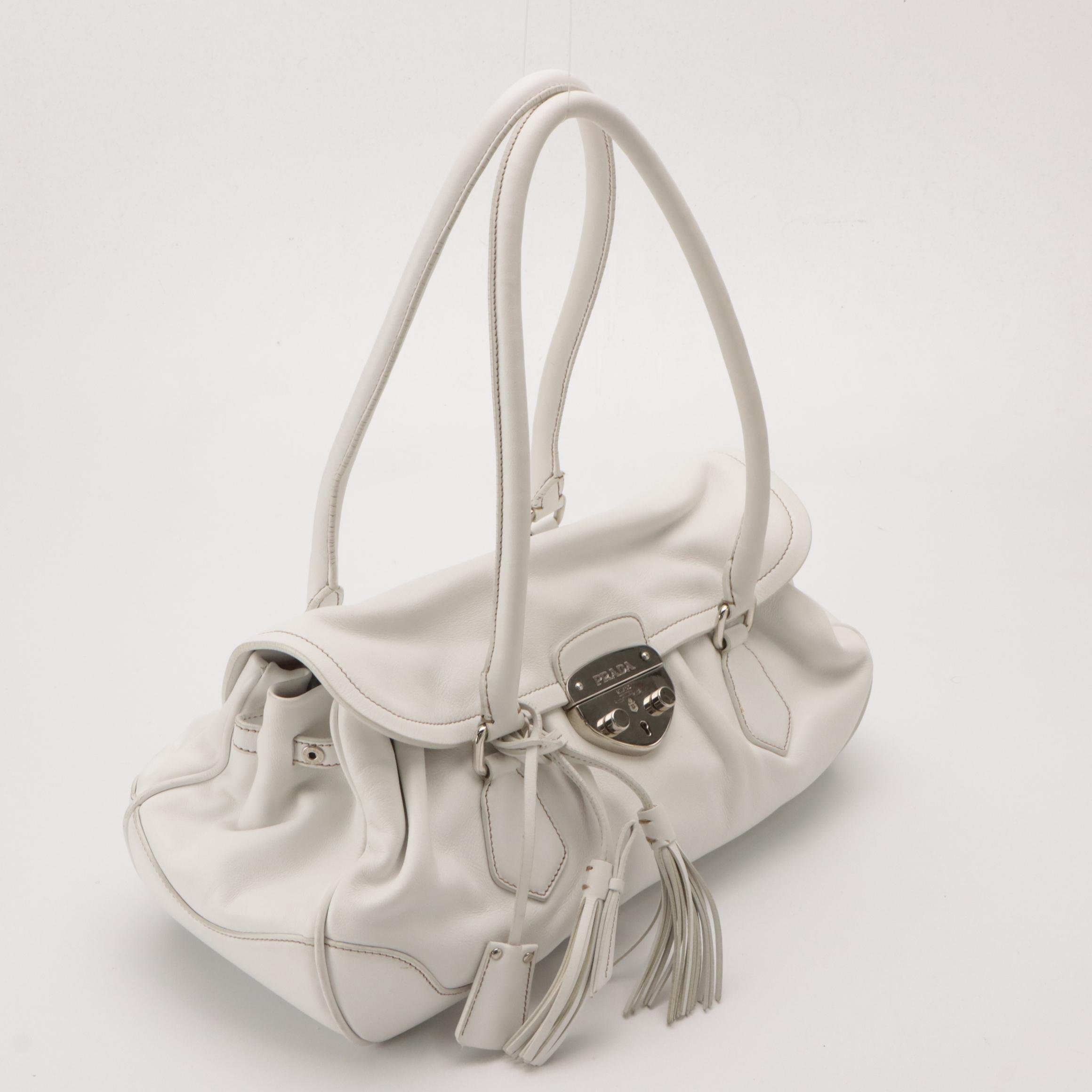 Prada Sound Lock Satchel in White Calfskin Leather