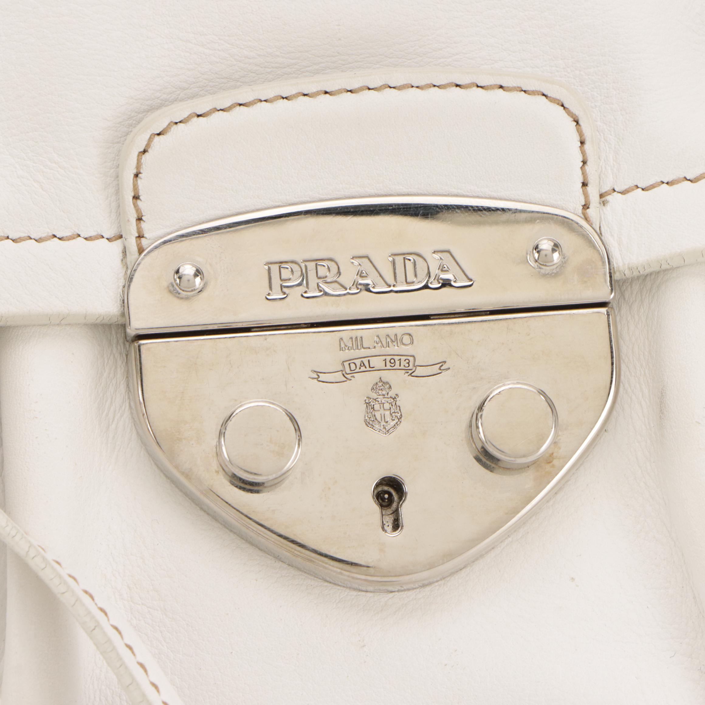Prada Sound Lock Satchel in White Calfskin Leather