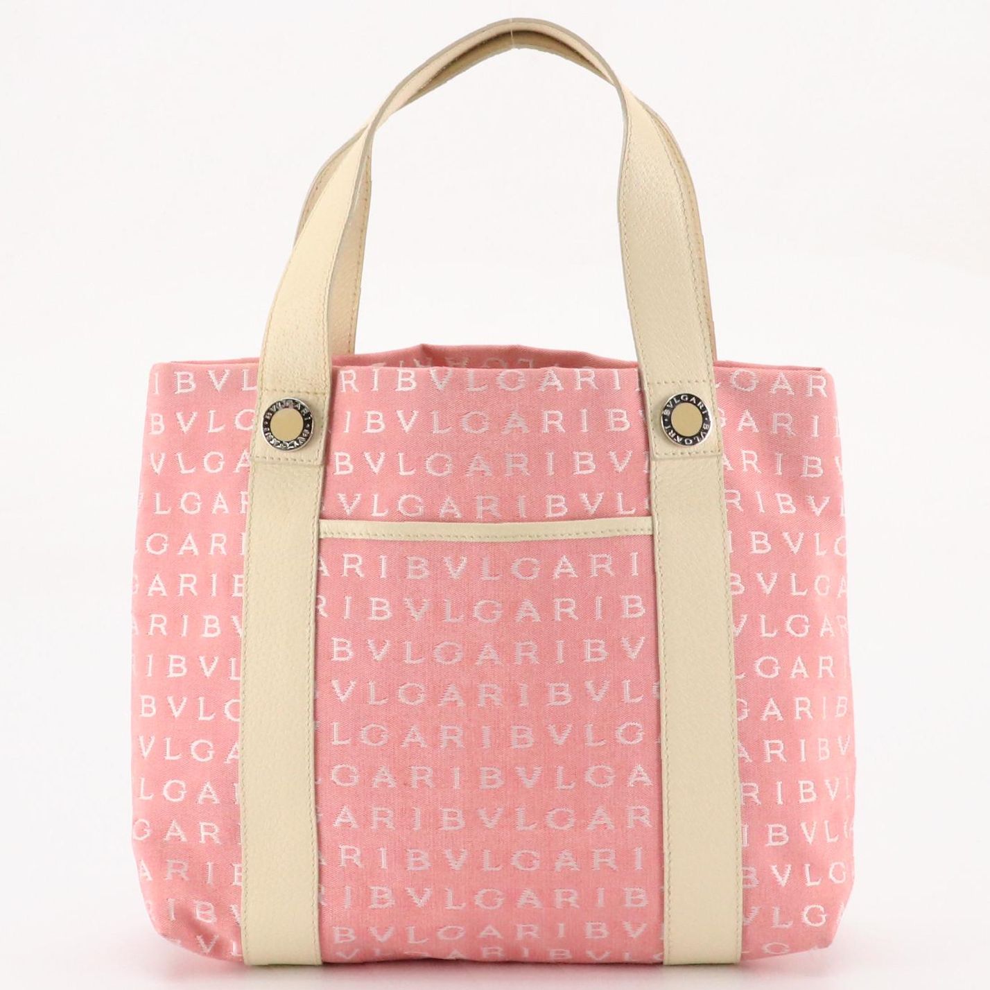 BVLGARI Sophia Tote in Pink Logomania Jacquard Canvas and White Leather