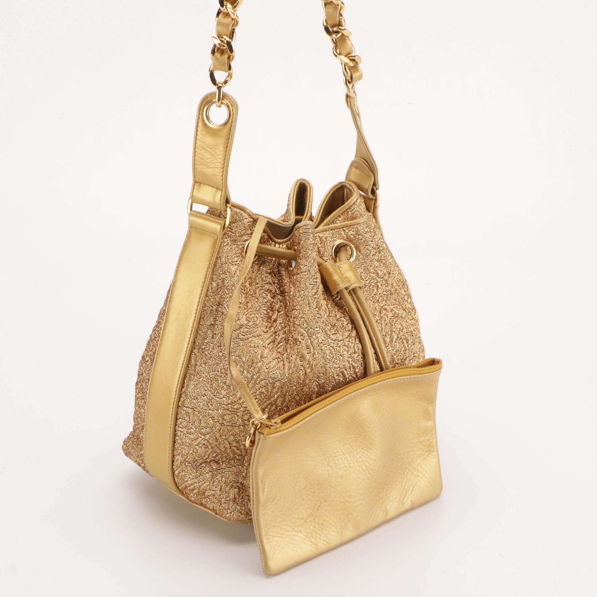 Chanel Gold Silk Brocade Drawstring Bucket Bag and Pouch with Leather Trim