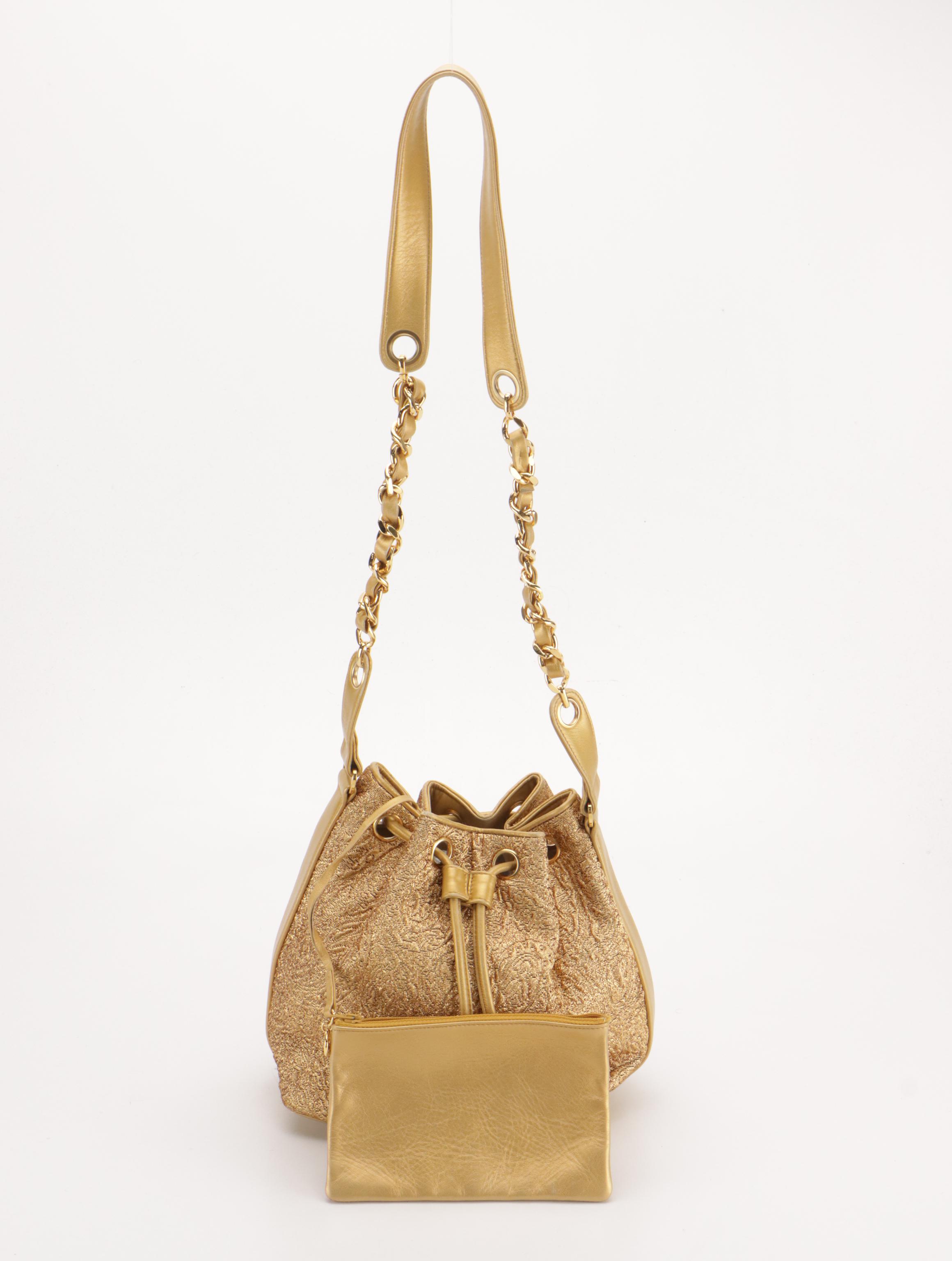 Chanel Gold Silk Brocade Drawstring Bucket Bag and Pouch with Leather Trim