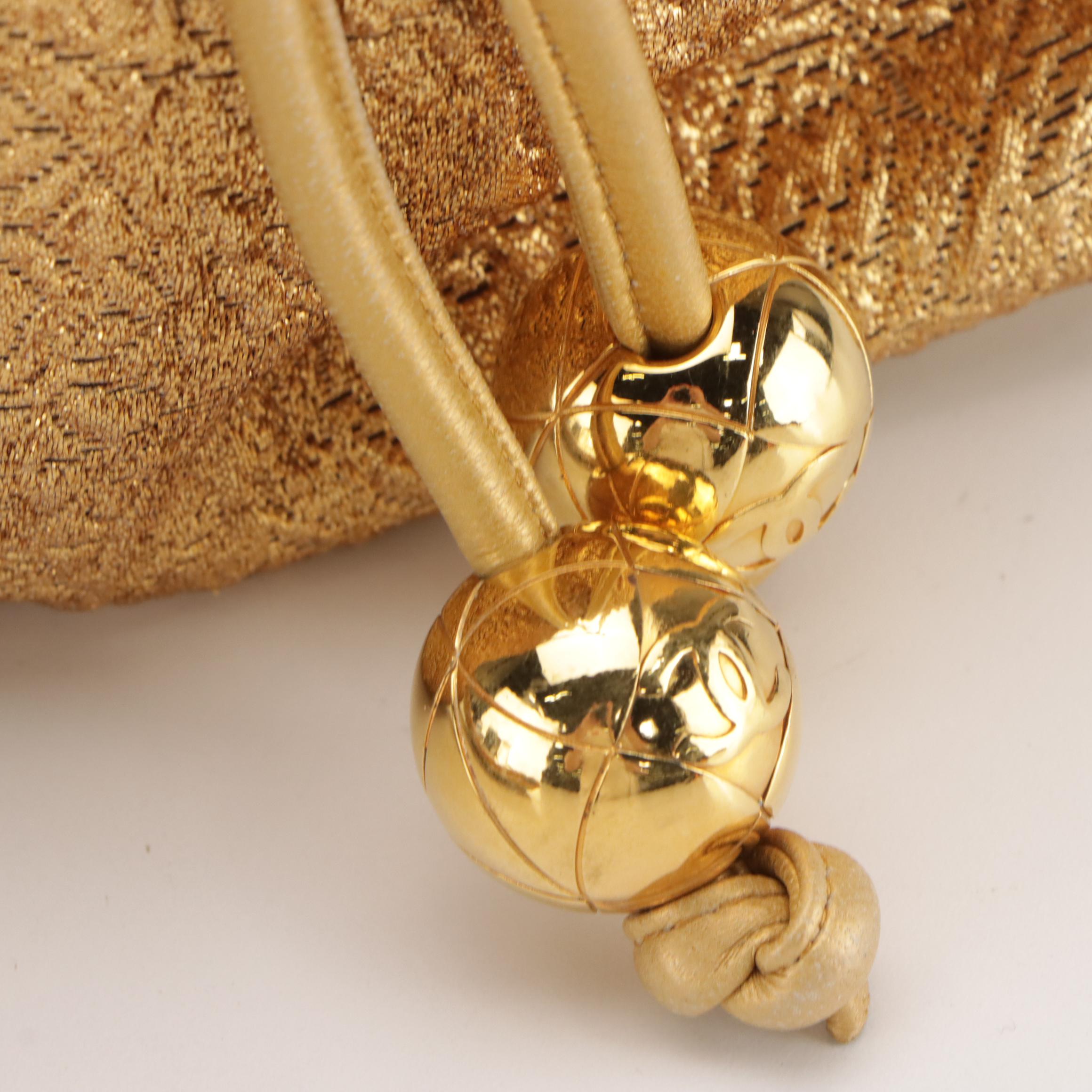 Chanel Gold Silk Brocade Drawstring Bucket Bag and Pouch with Leather Trim