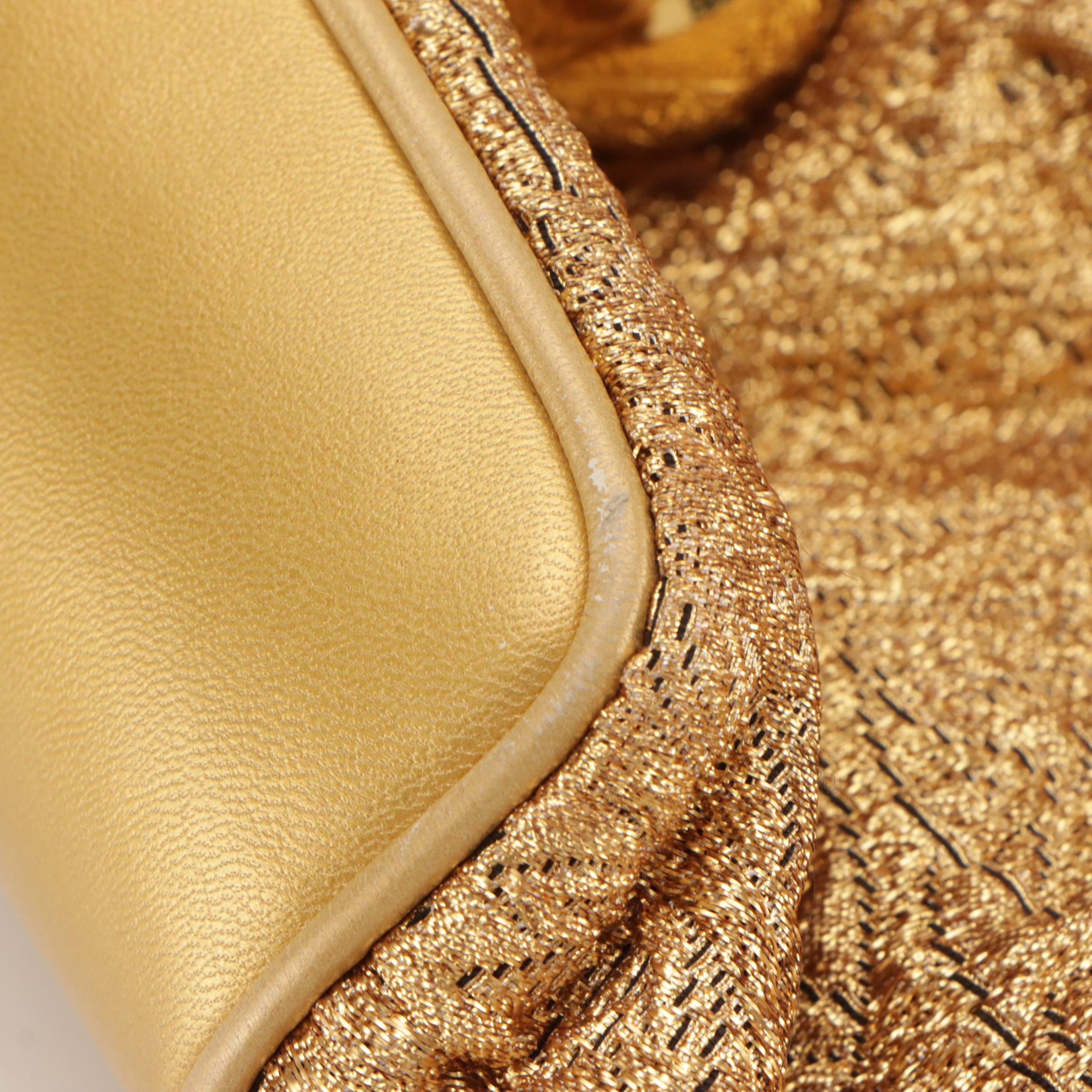 Chanel Gold Silk Brocade Drawstring Bucket Bag and Pouch with Leather Trim