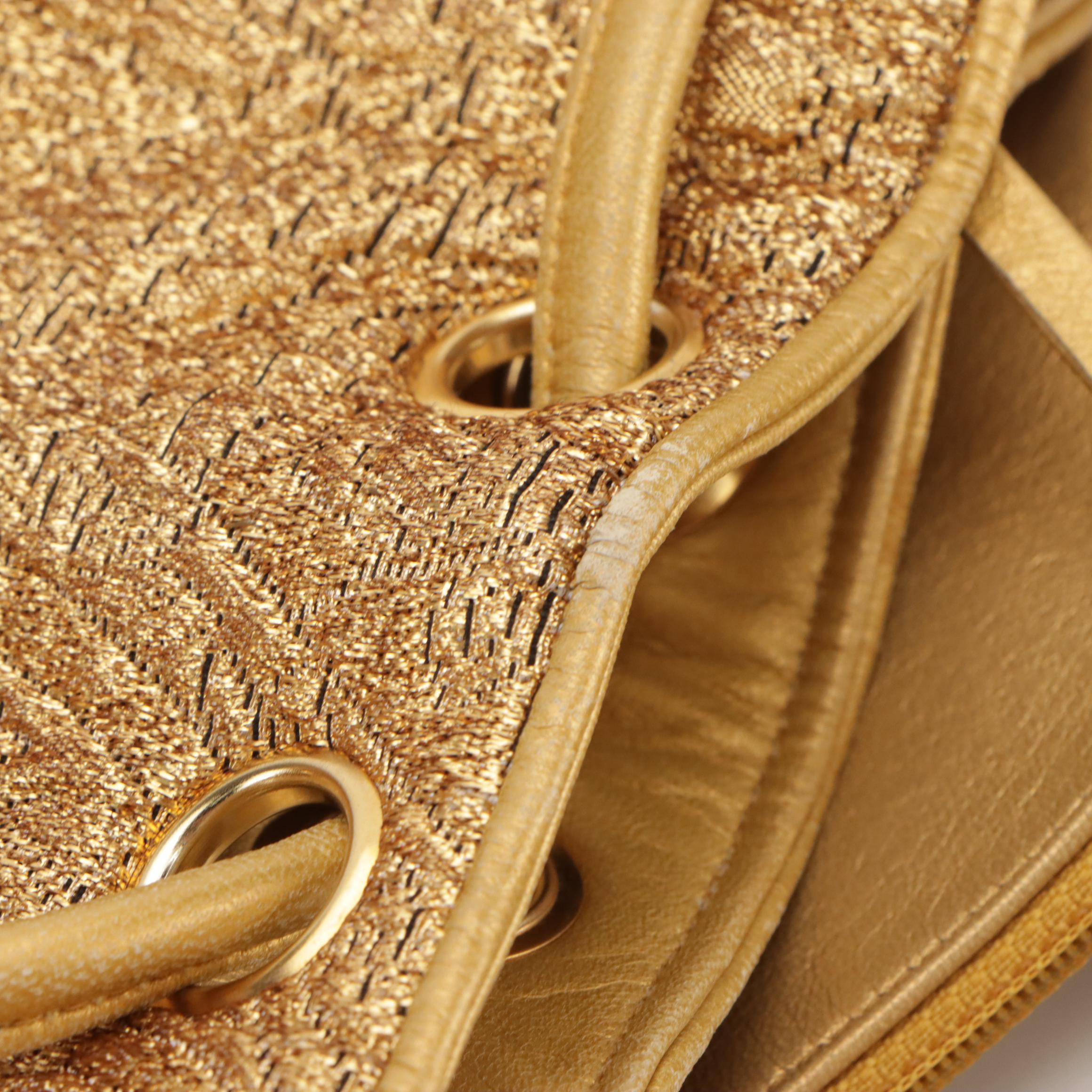 Chanel Gold Silk Brocade Drawstring Bucket Bag and Pouch with Leather Trim