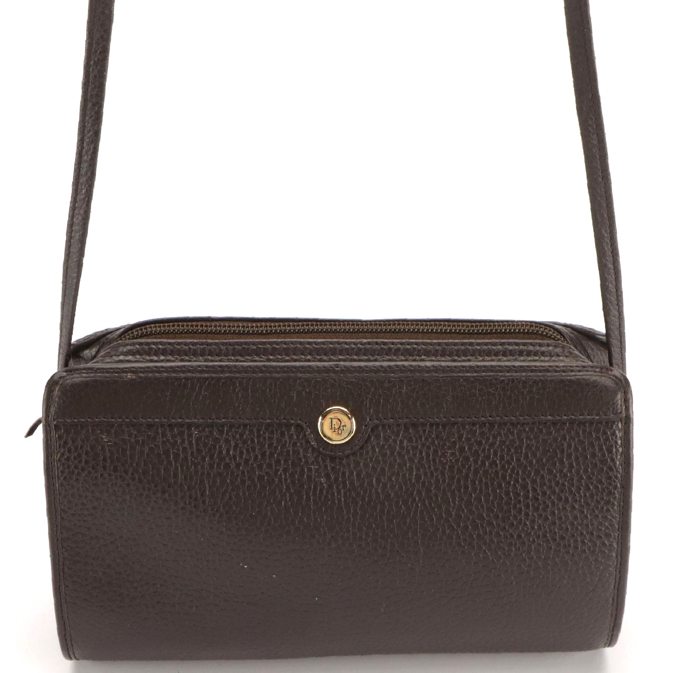 Christian Dior Zippered Crossbody Bag in Dark Brown Grained Leather
