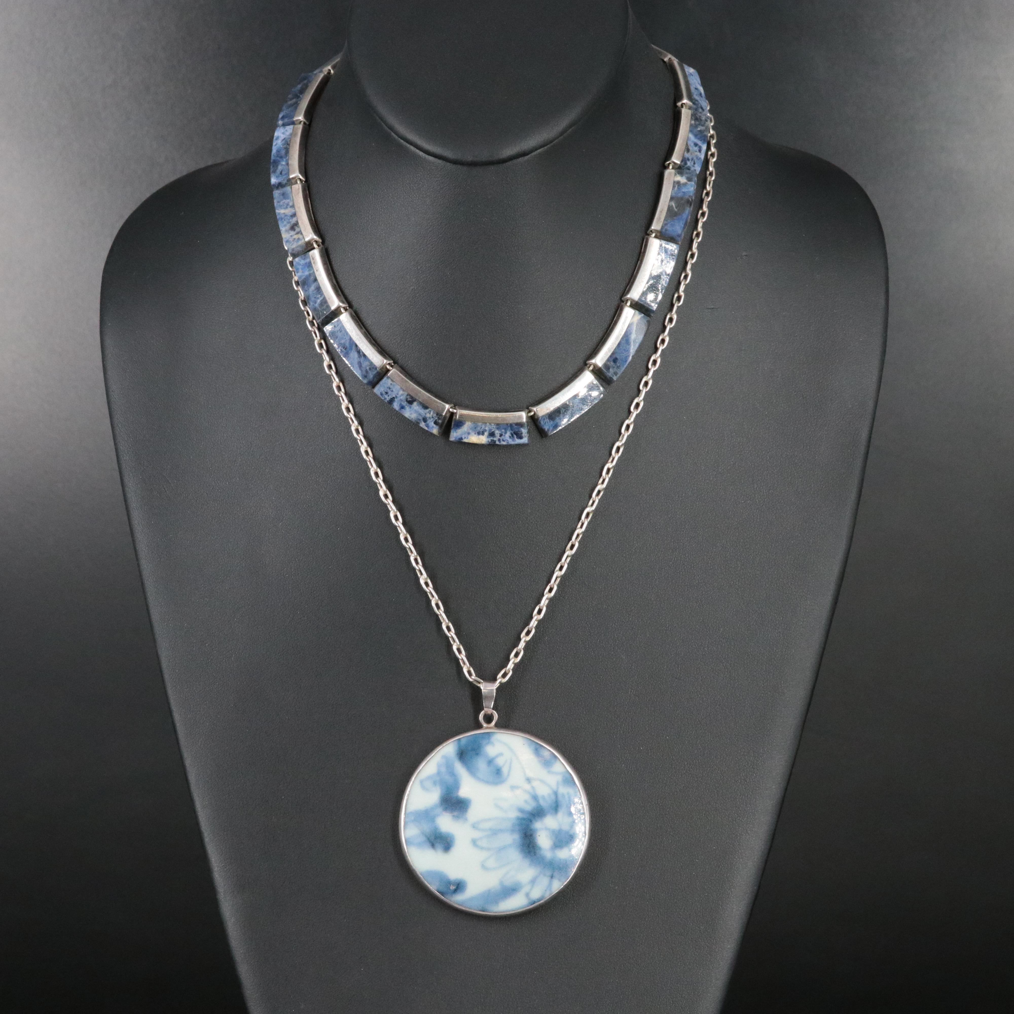 Sterling Porcelain and Mexican Modernist Enrique Ledesma Sodalite Necklaces