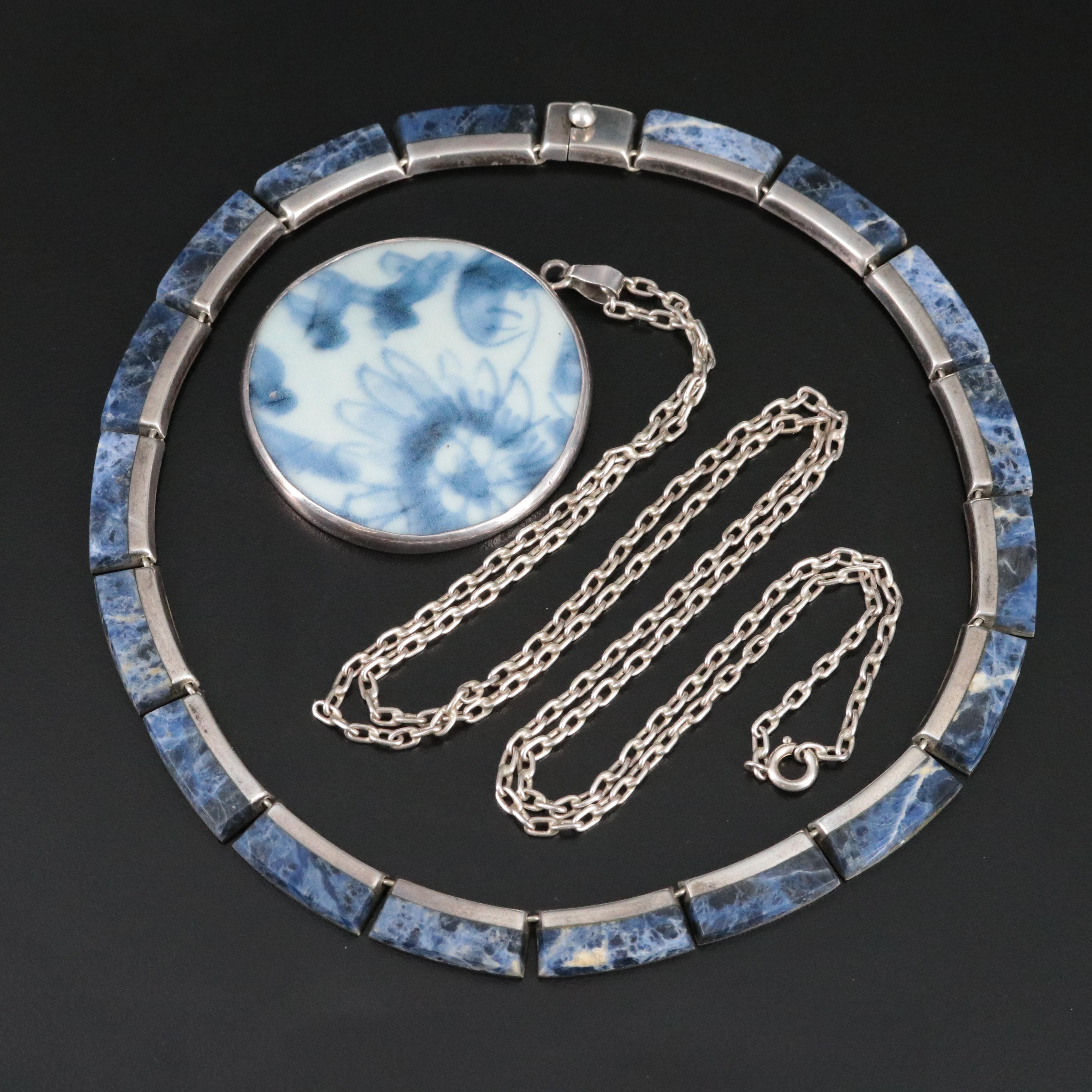 Sterling Porcelain and Mexican Modernist Enrique Ledesma Sodalite Necklaces