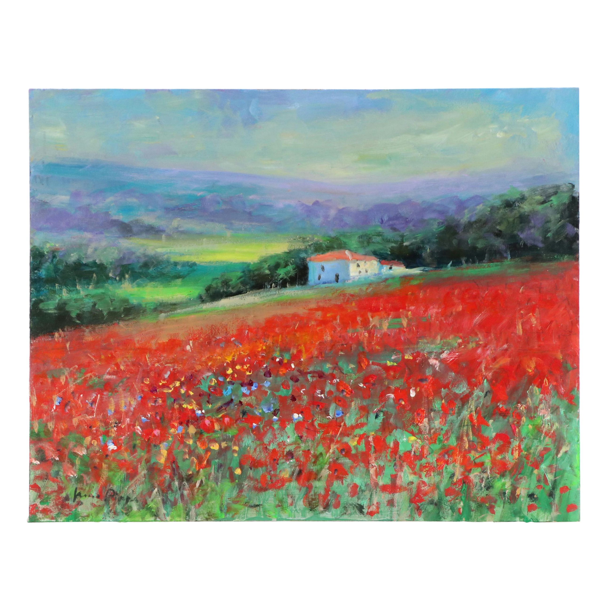 Nino Pippa Oil Painting "Tuscany Landscape with Poppies," 2023