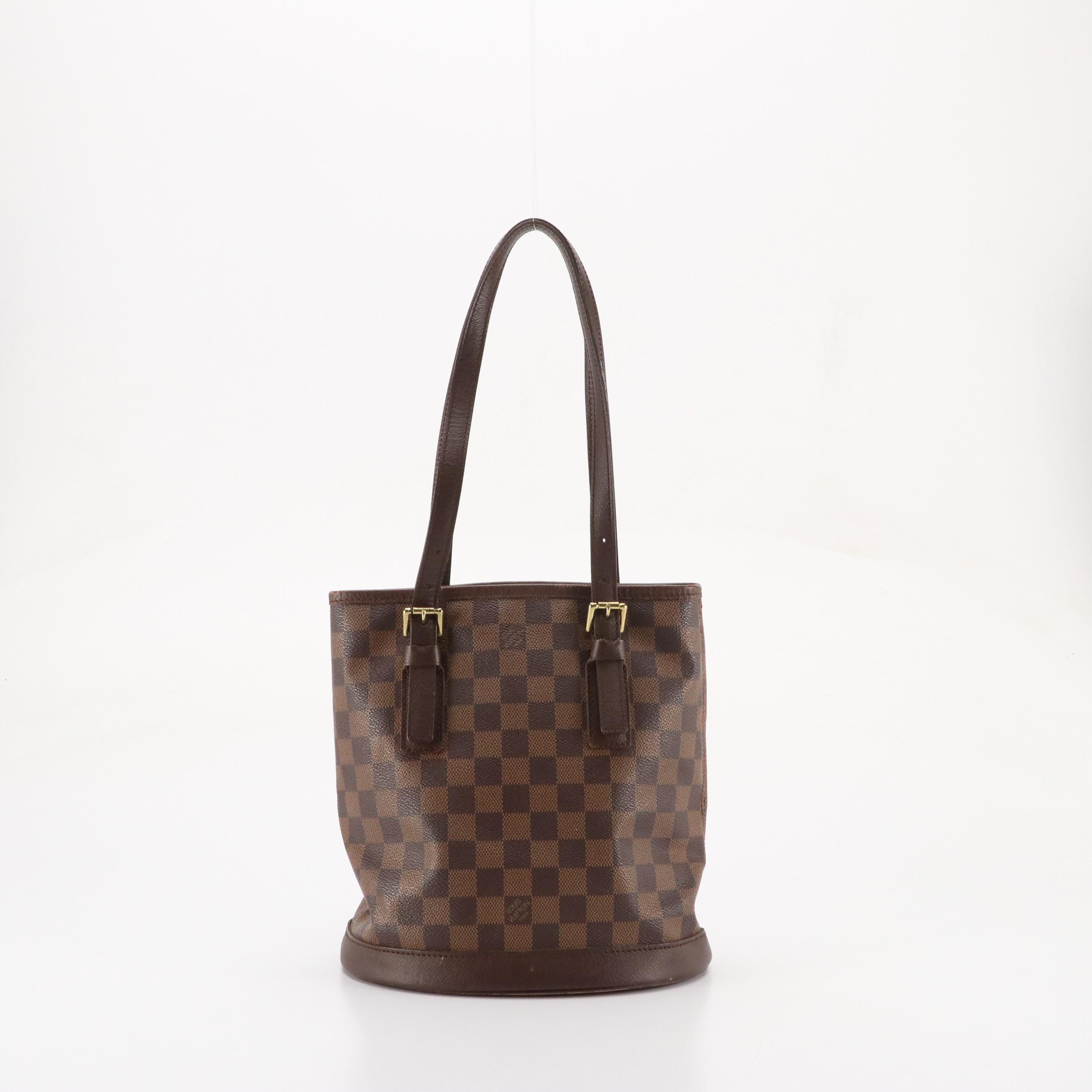 Louis Vuitton Marais Bucket Bag in Damier Ebene Canvas and Brown Leather